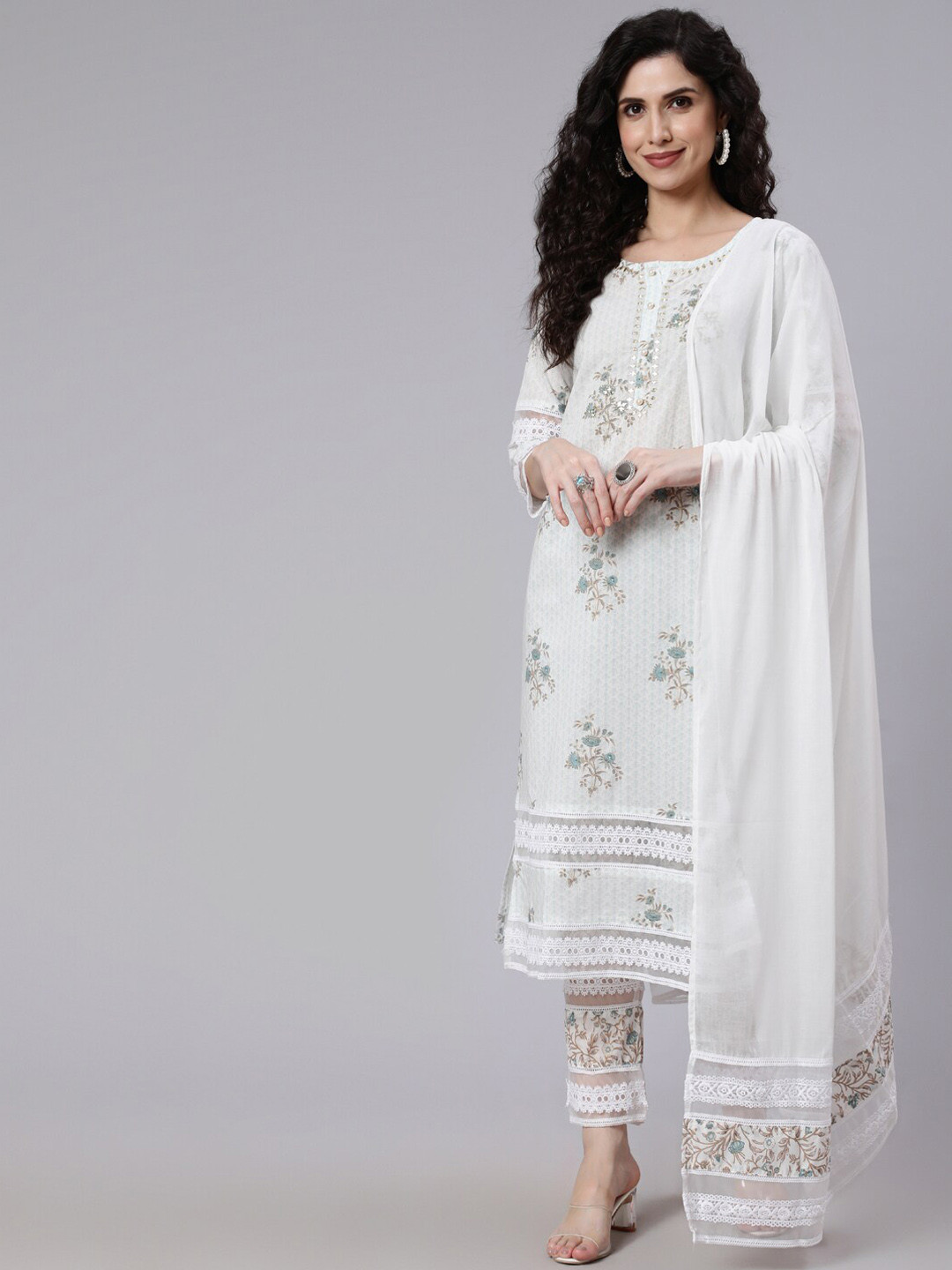 

Nayo Women Off- White Embroidered Straight Kurta With Trousers & Dupatta