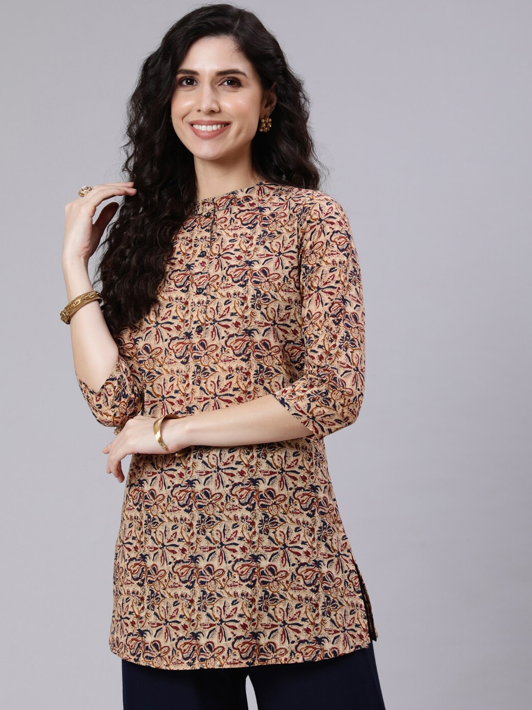 

Nayo Beige & Navy Blue Mandarin Collar Floral Printed Tunic