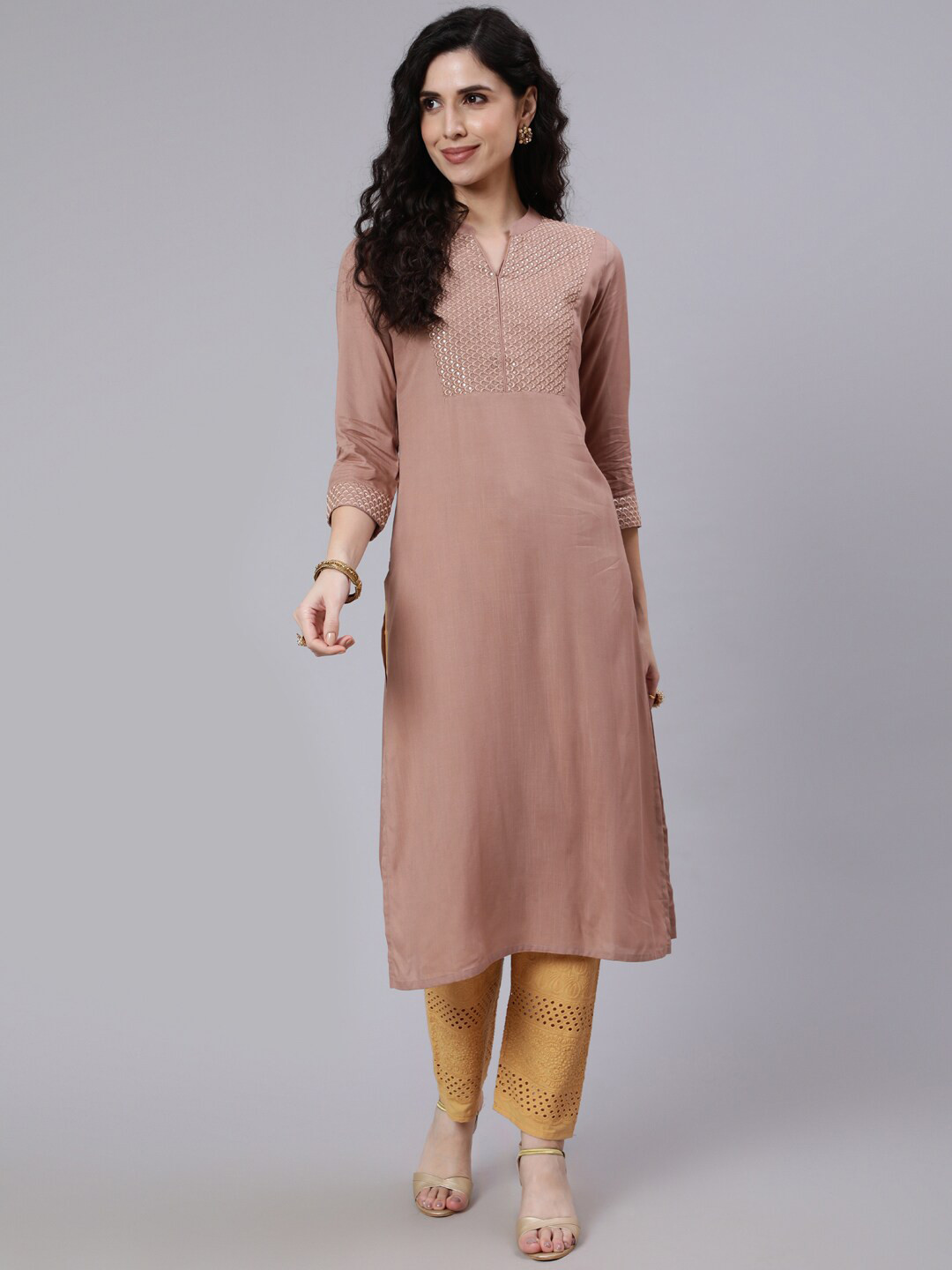 

Nayo Women Beige Embroidered Yoke Design Straight Kurta