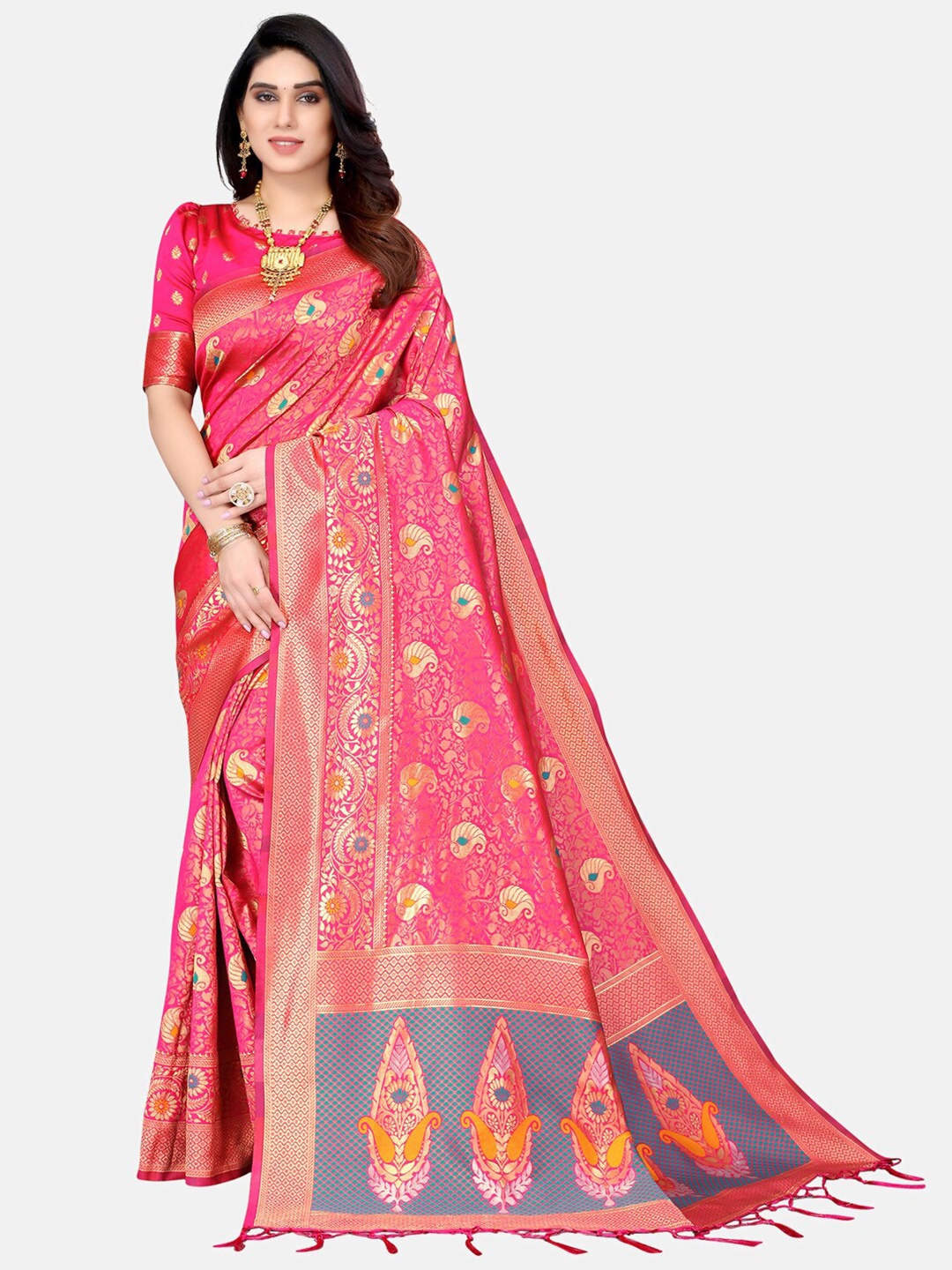 

Mitera Pink & Gold-Toned Floral Zari Banarasi Saree