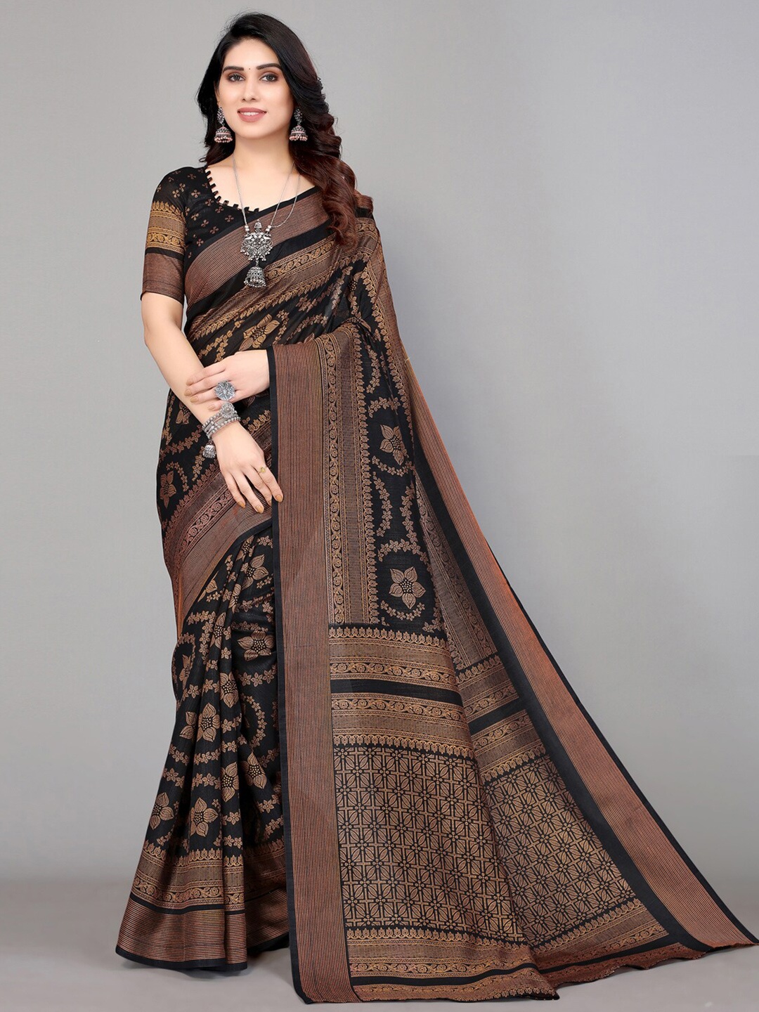 

Mitera Black & Brown Floral Zari Silk Blend Saree
