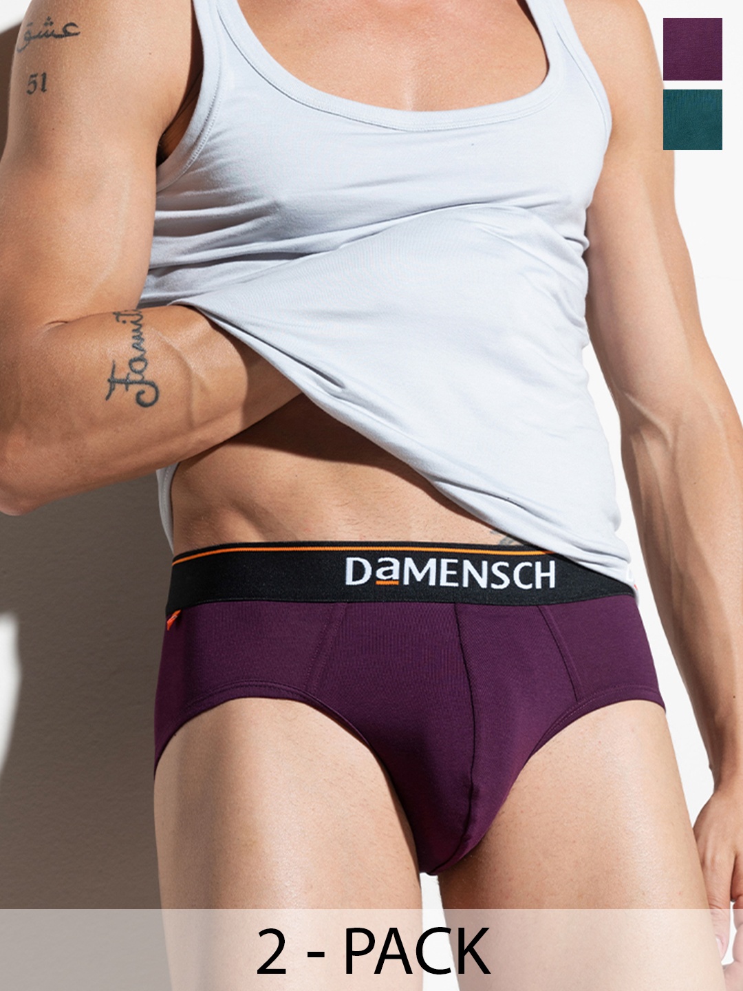 

DAMENSCH Men Pack of 2 Solid Anti Bacterial Basic Briefs, Violet