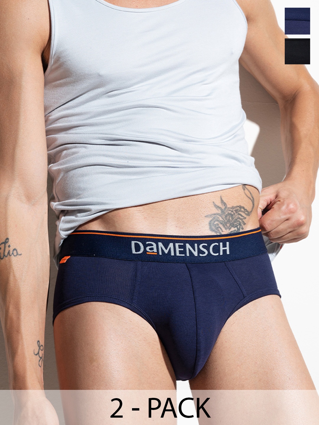 

DAMENSCH Men Pack Of 2 Anti Bacterial Solid Basic Briefs DAM-CTS-B-NNY-BKN, Blue