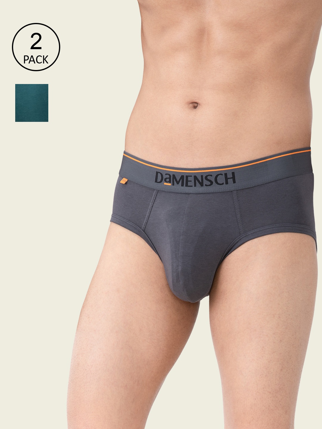 

DAMENSCH Men Pack Of 2 Charcoal & Teal Solid Deo-Cotton Basic Briefs