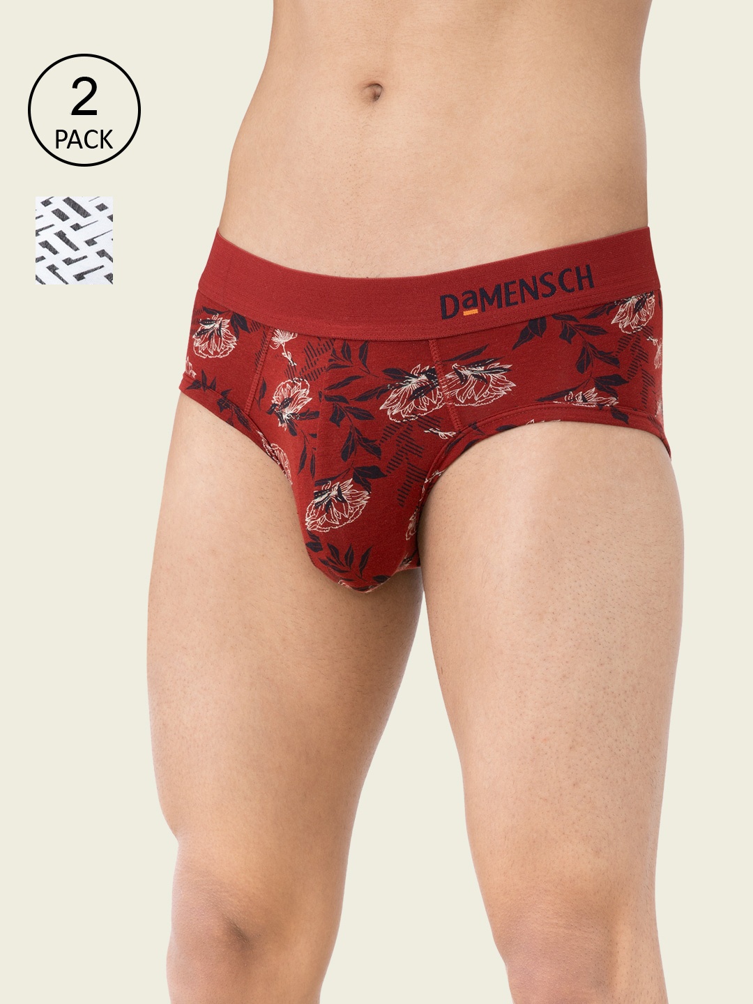 

DAMENSCH Men Pack Of 2 Anti Bacterial Printed Cotton Basic Briefs, Red