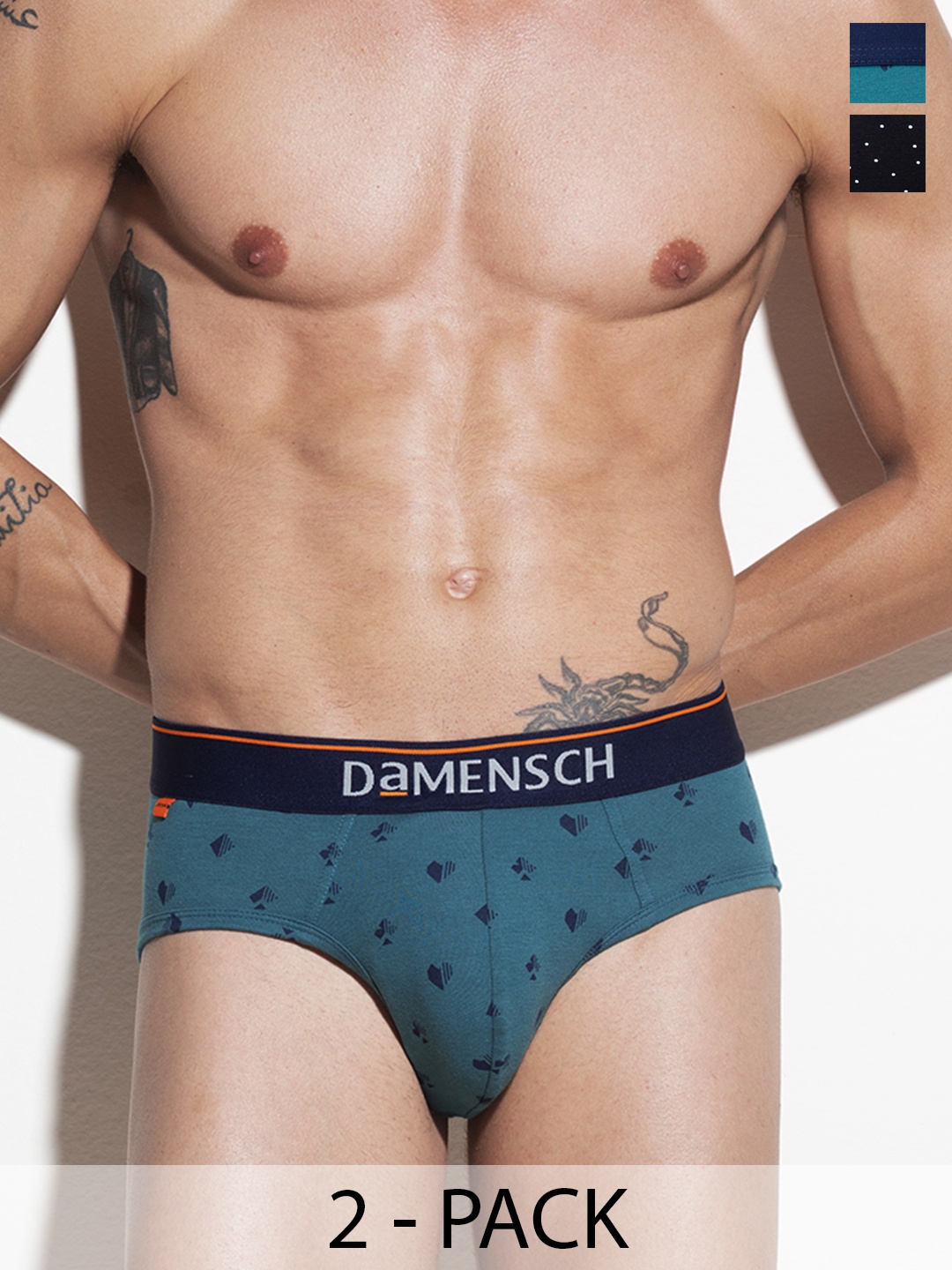 

DAMENSCH Men Pack of 2 Anti Bacterial Printed Basic Briefs, Teal