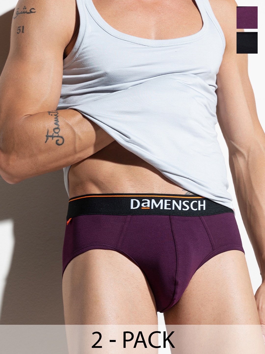 

DAMENSCH Men Violet & Black Pack Of 2 Solid Cotton Basic Briefs