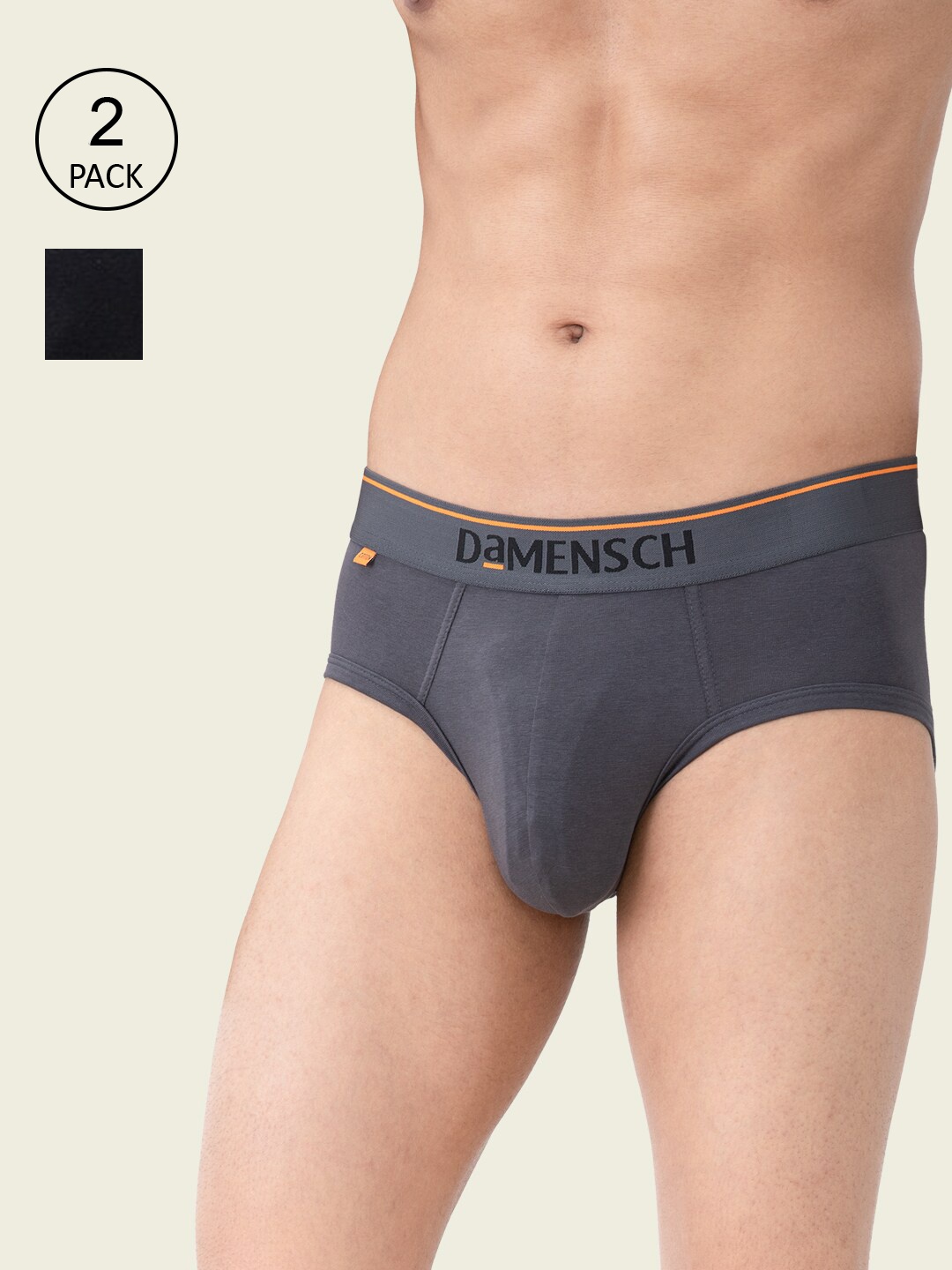 

DAMENSCH Men Pack Of 2 Anti Bacterial Solid Basic Briefs, Grey