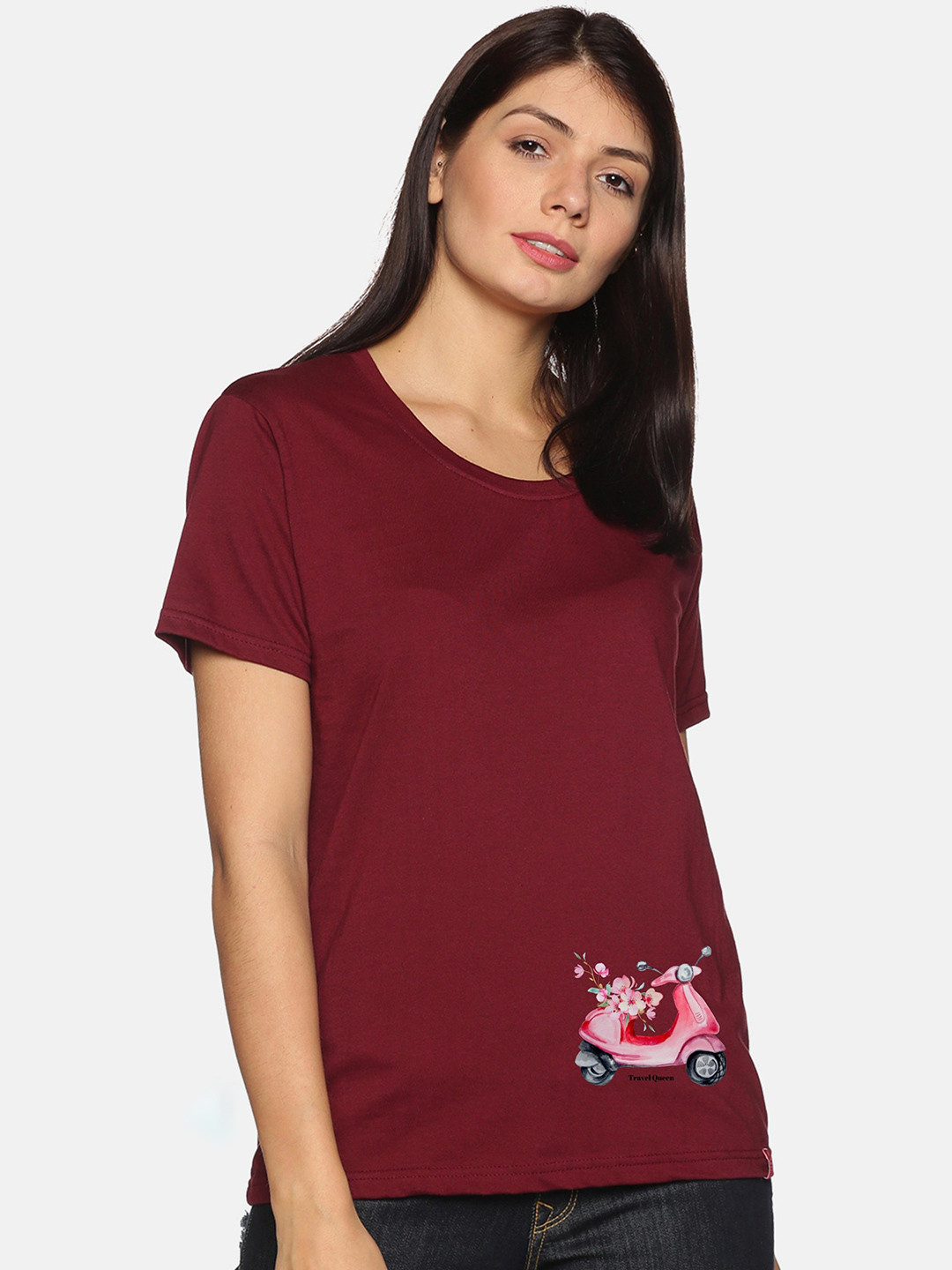 

NOT YET by us Women Maroon Round Neck Floral T-shirt