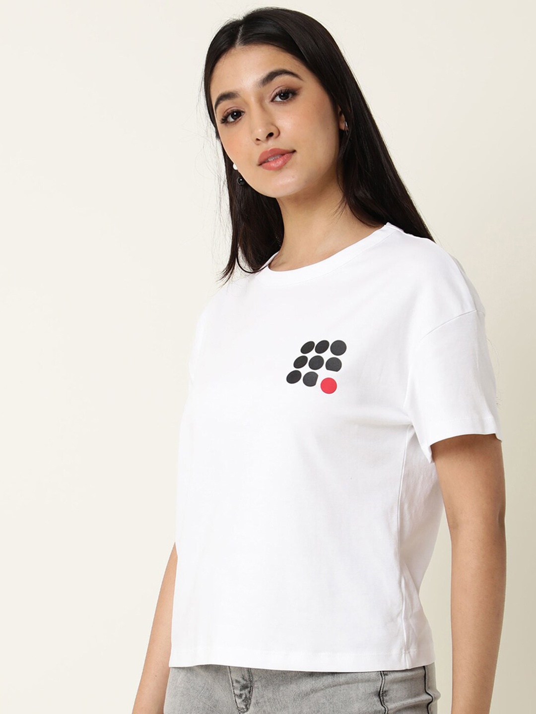 

RAREISM Women White Printed Drop-Shoulder Sleeves T-shirt