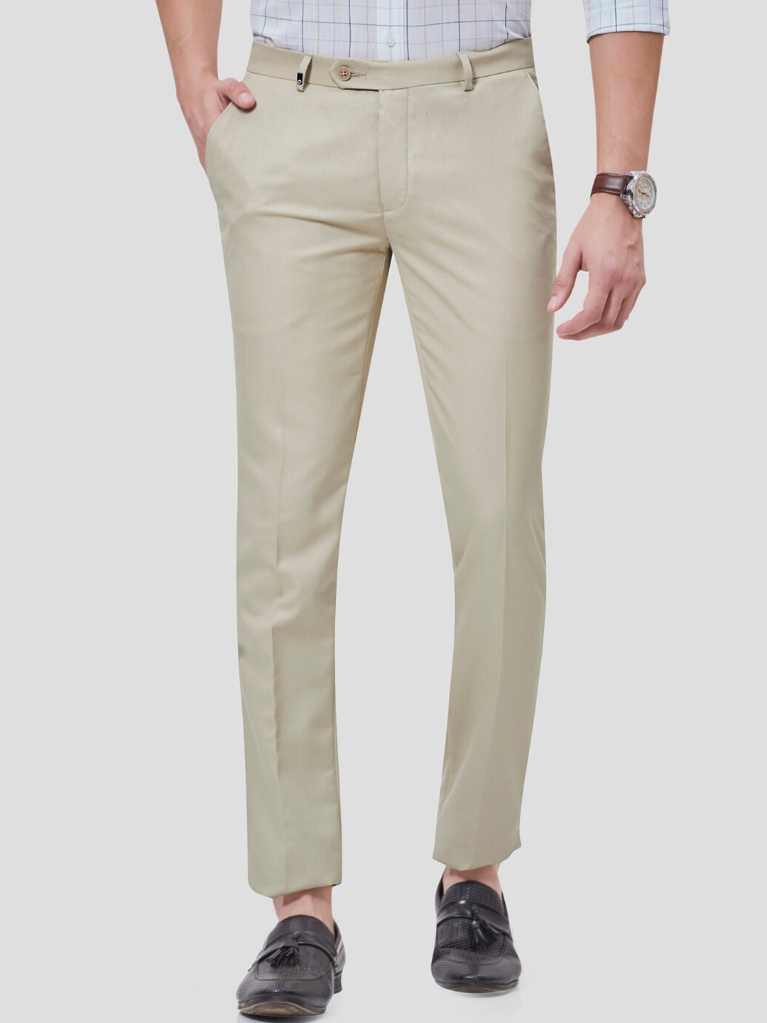 

Oxemberg Men Cream-Coloured Smart Slim Fit Trousers