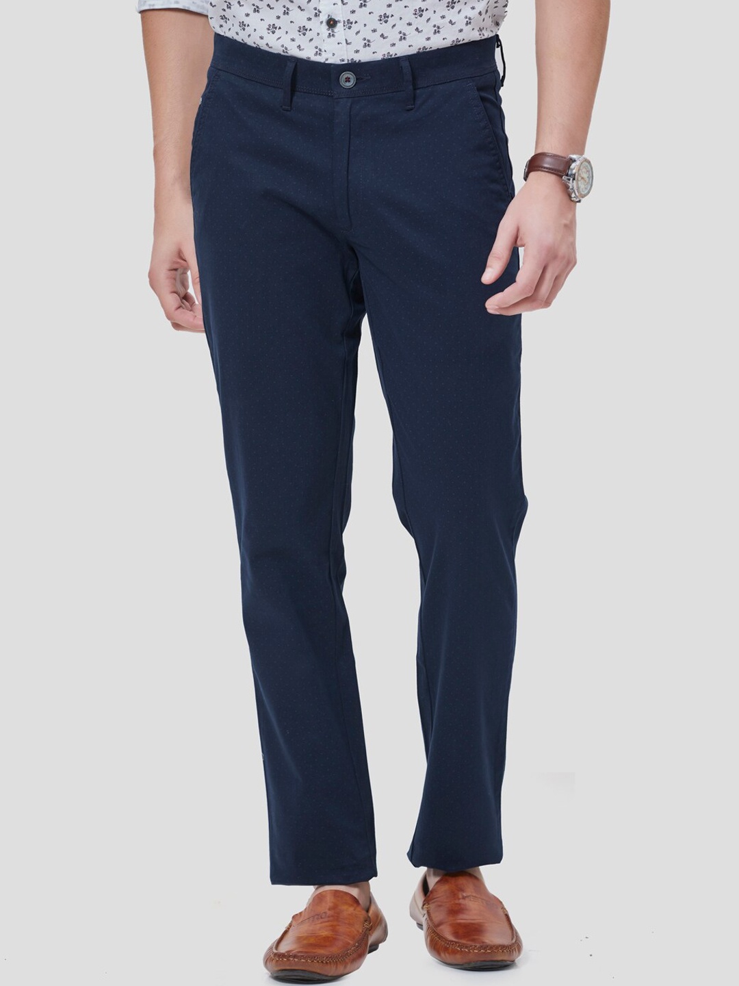 

Oxemberg Men Navy Blue Printed Smart Slim Fit Trousers