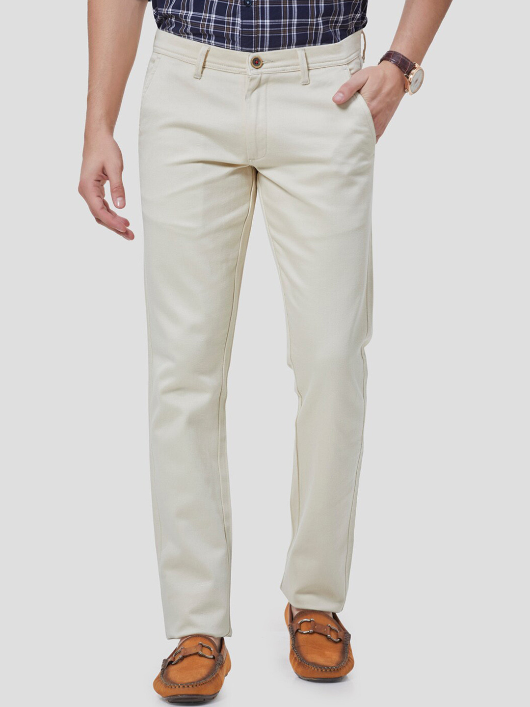 

Oxemberg Men Cream-Coloured Smart Slim Fit Chinos Trousers