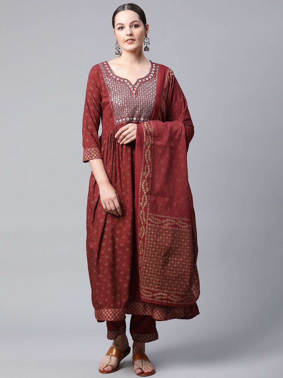 

MEERA FAB Women Maroon Ethnic Motifs Printed Sequinned Kurta with Trousers & Dupatta