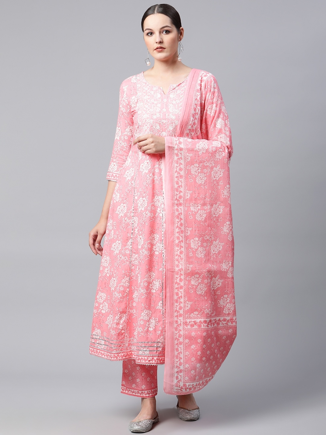 

MEERA FAB Women Pink Floral Printed Gotta Patti Pure Cotton Kurta with Trousers & Dupatta