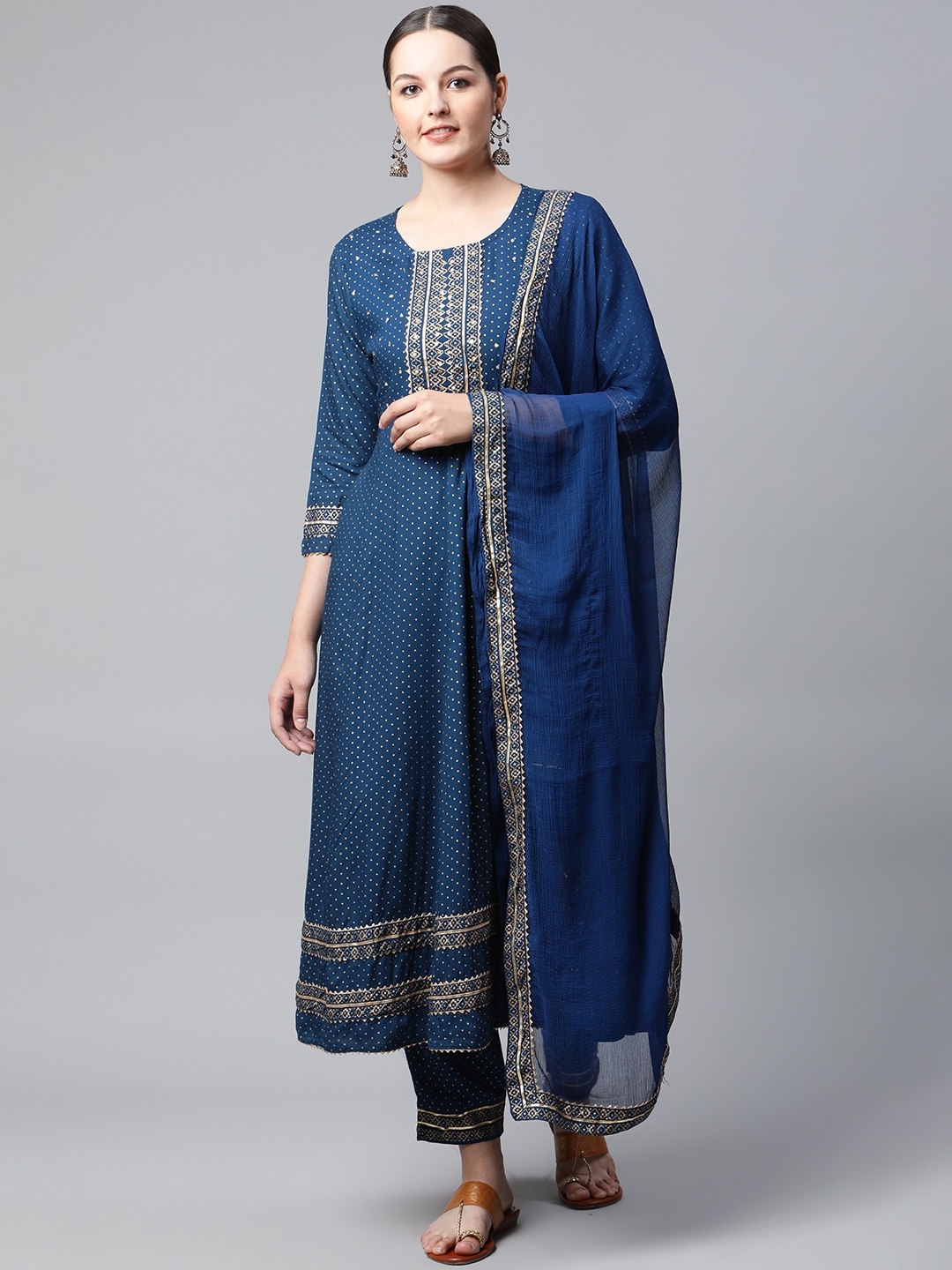 

MEERA FAB Women Teal Blue Printed Gotta Patti Kurta with Palazzos & Dupatta