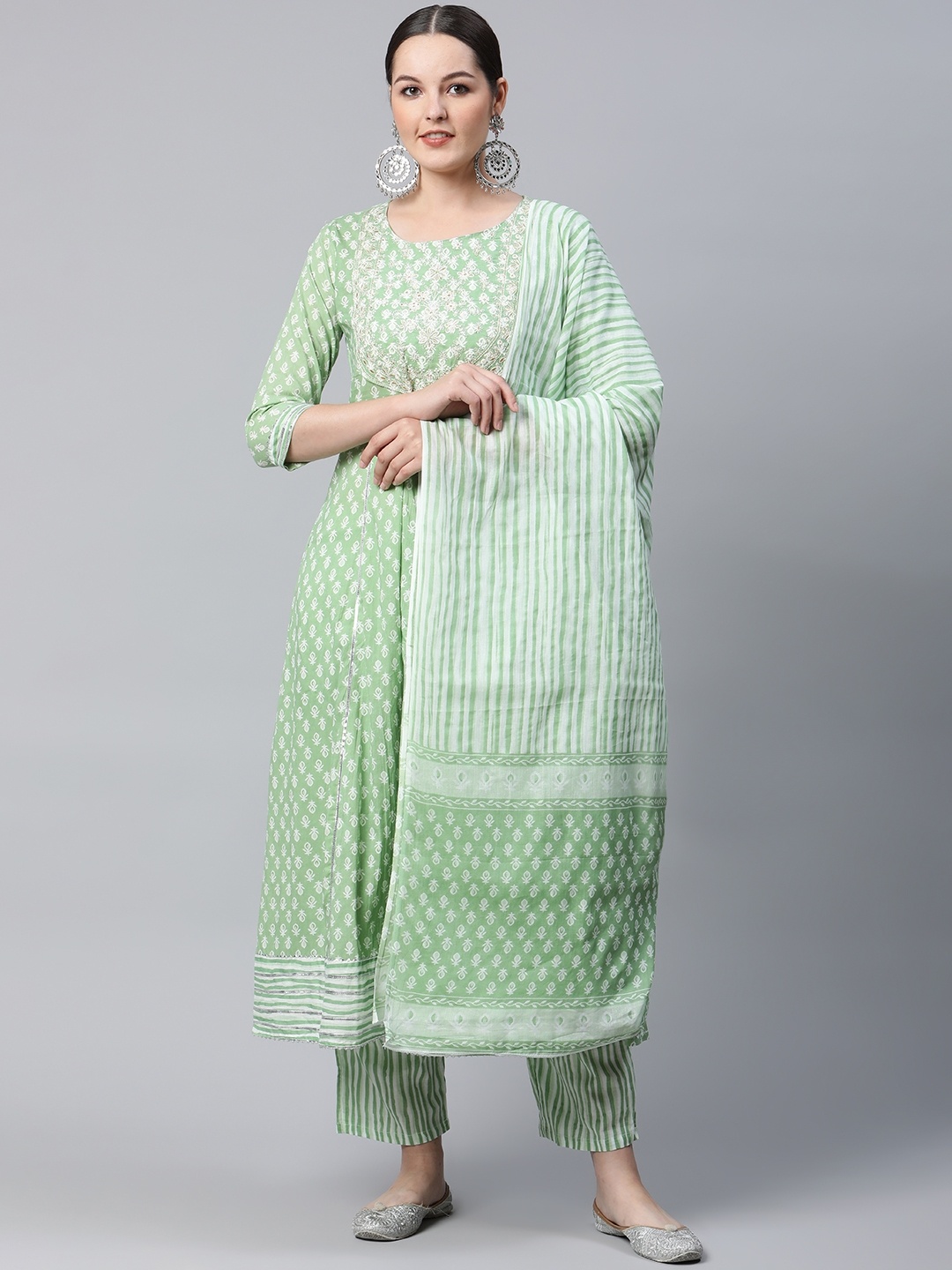 

MEERA FAB Women Sea Green Ethnic Motifs Printed Pure Cotton Kurta with Palazzos & Dupatta