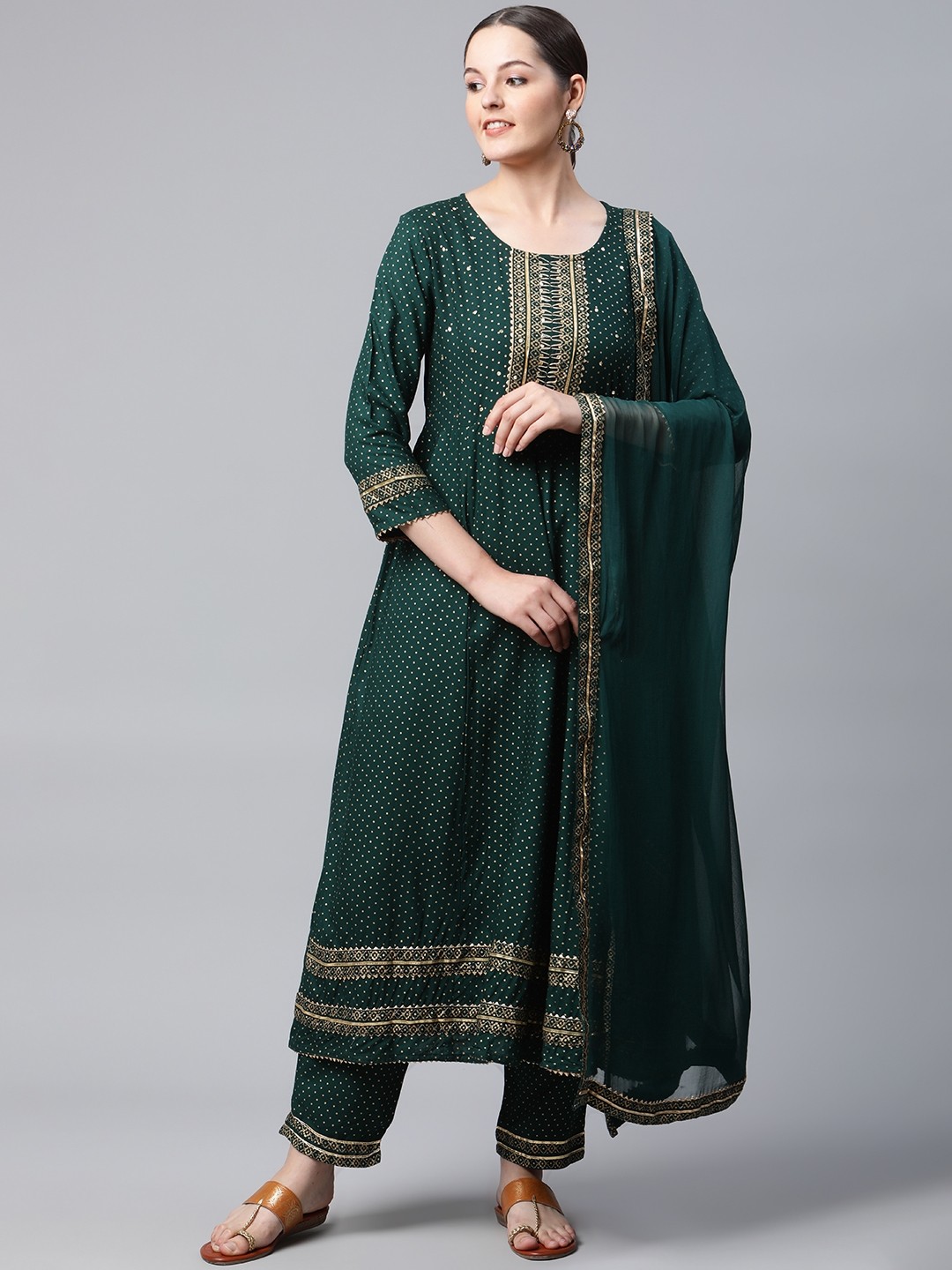 

MEERA FAB Women Green Printed Sequinned Kurta with Trousers & Dupatta