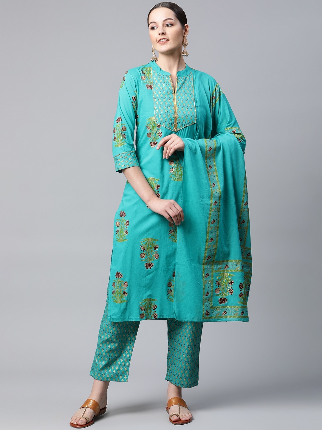 

MEERA FAB Women Sea Green Ethnic Motifs Printed Pure Cotton Kurta with Trousers & Dupatta
