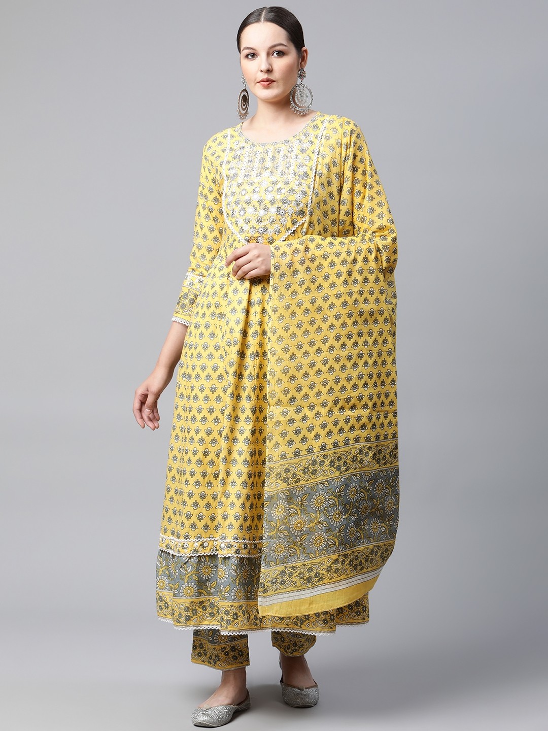 

MEERA FAB Women Yellow Ethnic Motifs Printed Embroidered Kurta with Trousers & Dupatta
