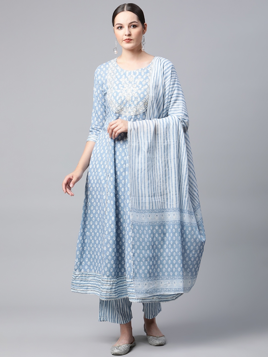 

MEERA FAB Women Blue Ethnic Motifs Embroidered Pure Cotton Kurta with Palazzos & Dupatta