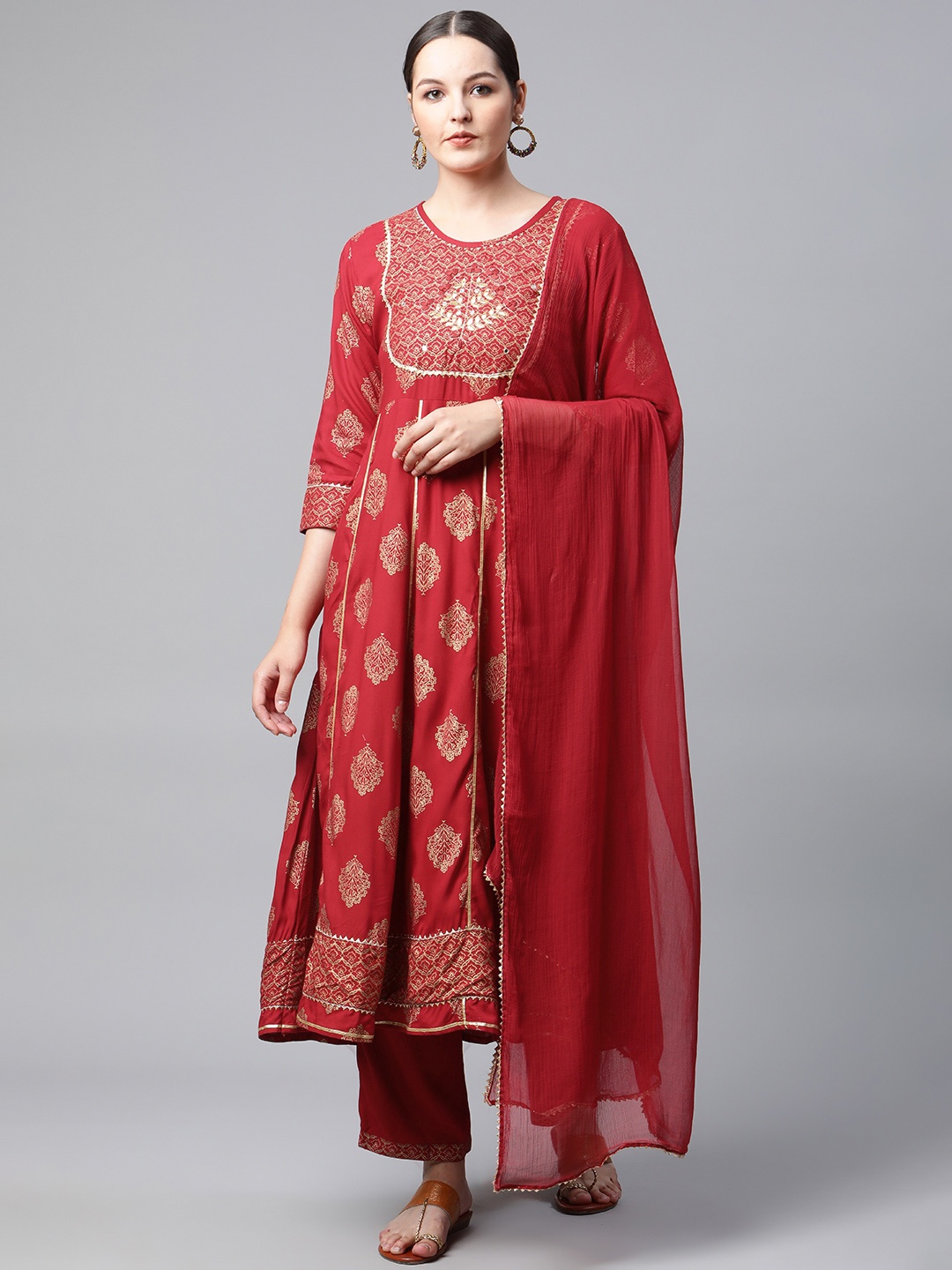 

MEERA FAB Women Maroon Ethnic Motifs Printed Gotta Patti Kurta with Trousers & Dupatta