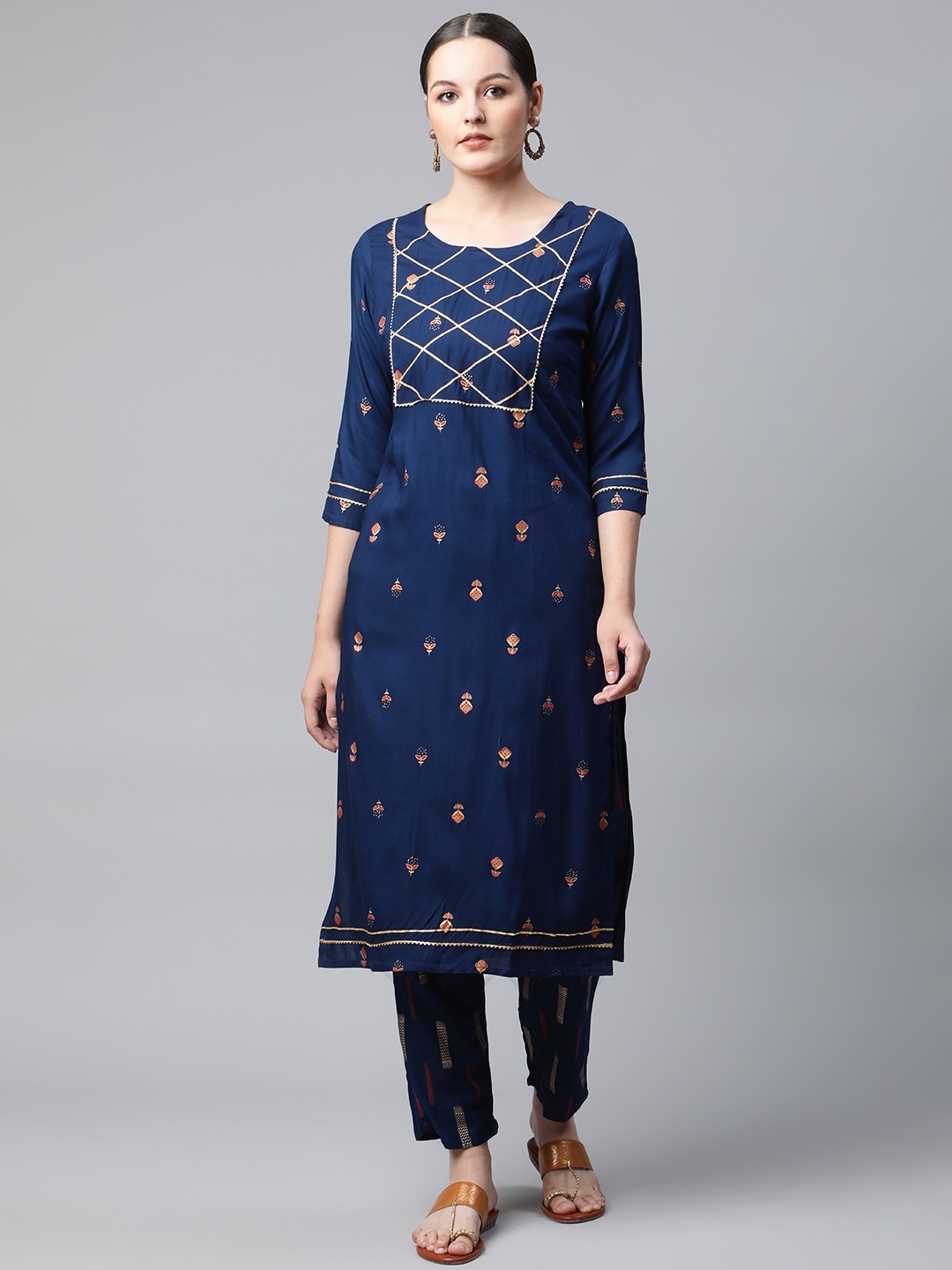 

MEERA FAB Women Navy Blue Ethnic Motifs Printed Kurta with Trousers