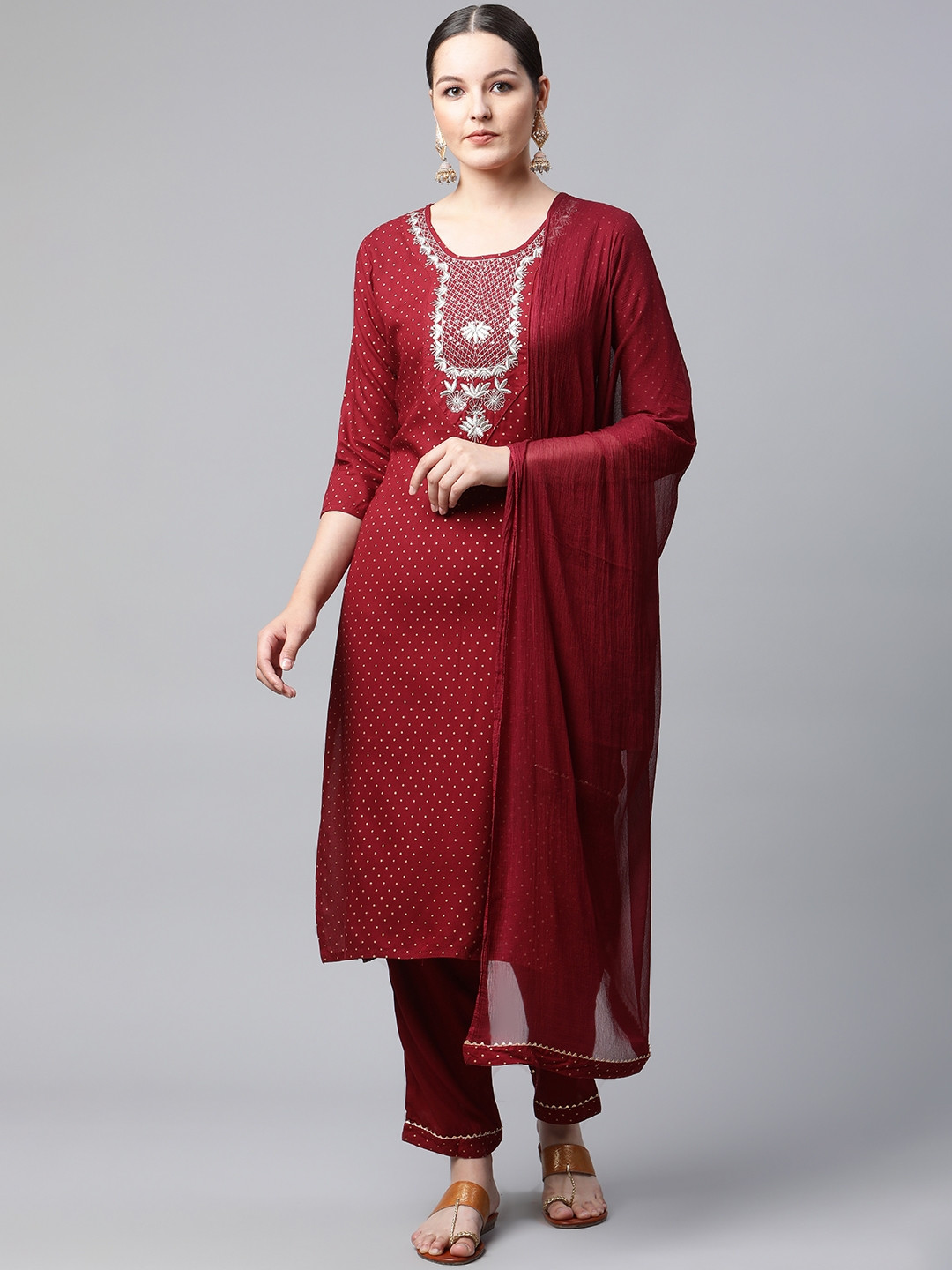 

MEERA FAB Women Maroon Printed Embroidered Detail Kurta with Palazzos & Dupatta