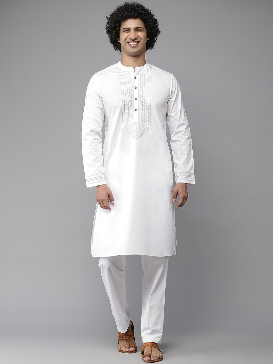 

See Designs Men White Yoke Thread Work Pure Cotton Kurta with Pyjamas