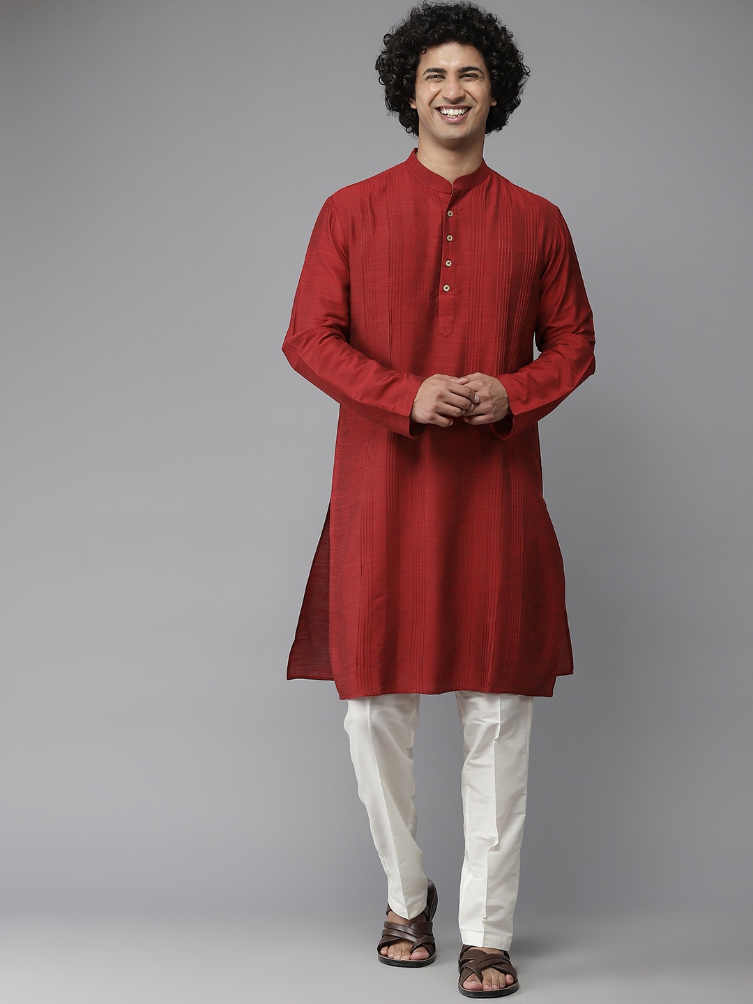 

See Designs Men Rust Red Solid Panelled Kurta with Pyjamas