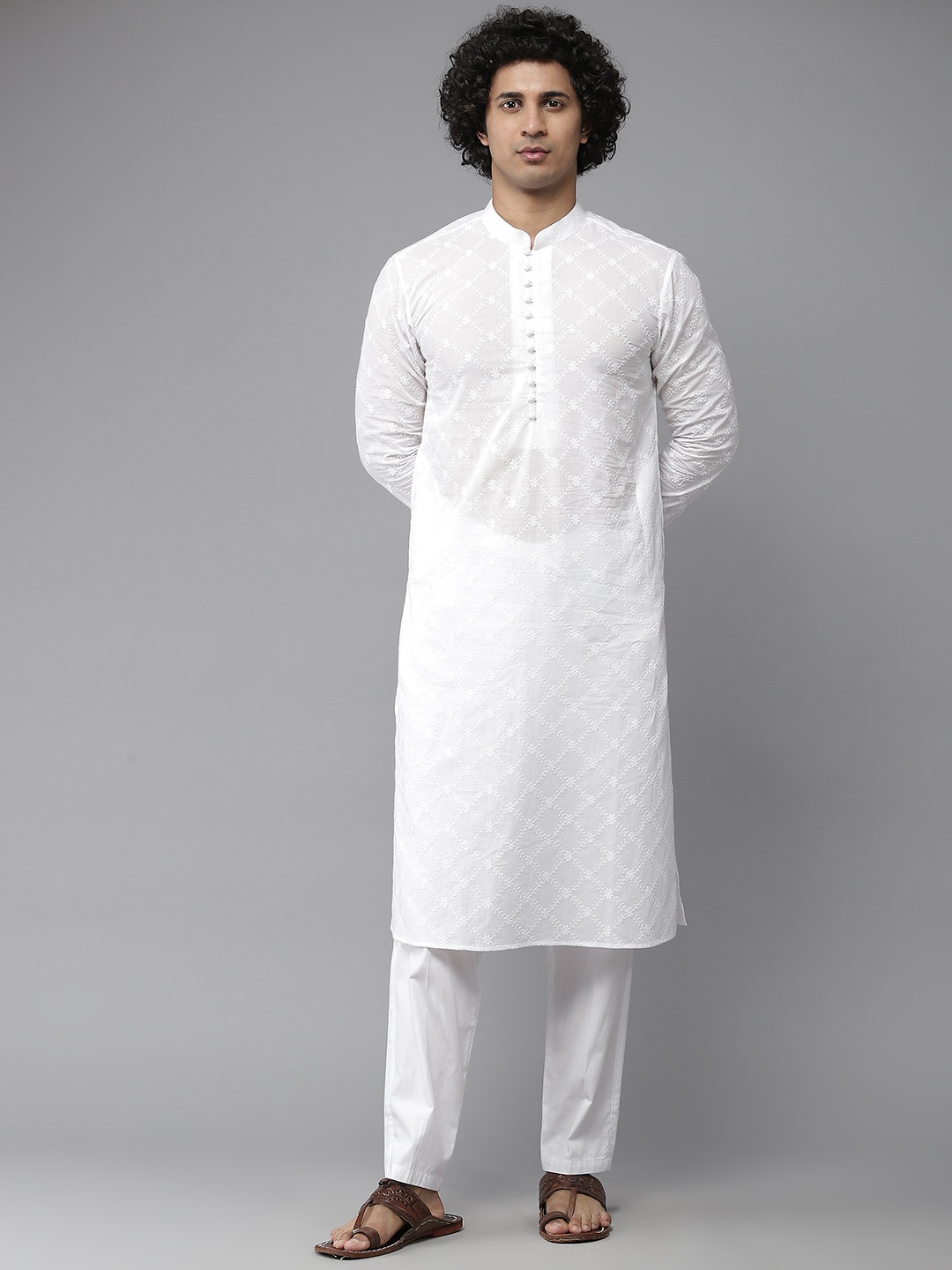

See Designs Men White Embroidered Chikankari Pure Cotton Kurta with Pyjamas