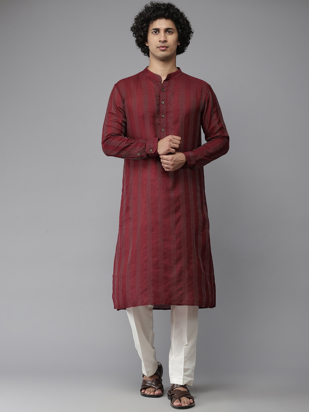 

See Designs Men Maroon & White Striped Pure Cotton Kurta with Pyjamas