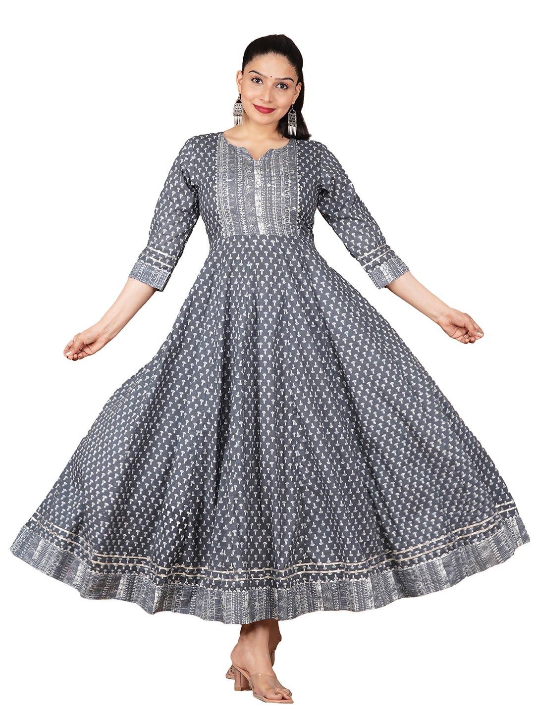 

KALINI Women Grey Ethnic Motifs Print Sequins Embellished Ethnic Maxi Dress