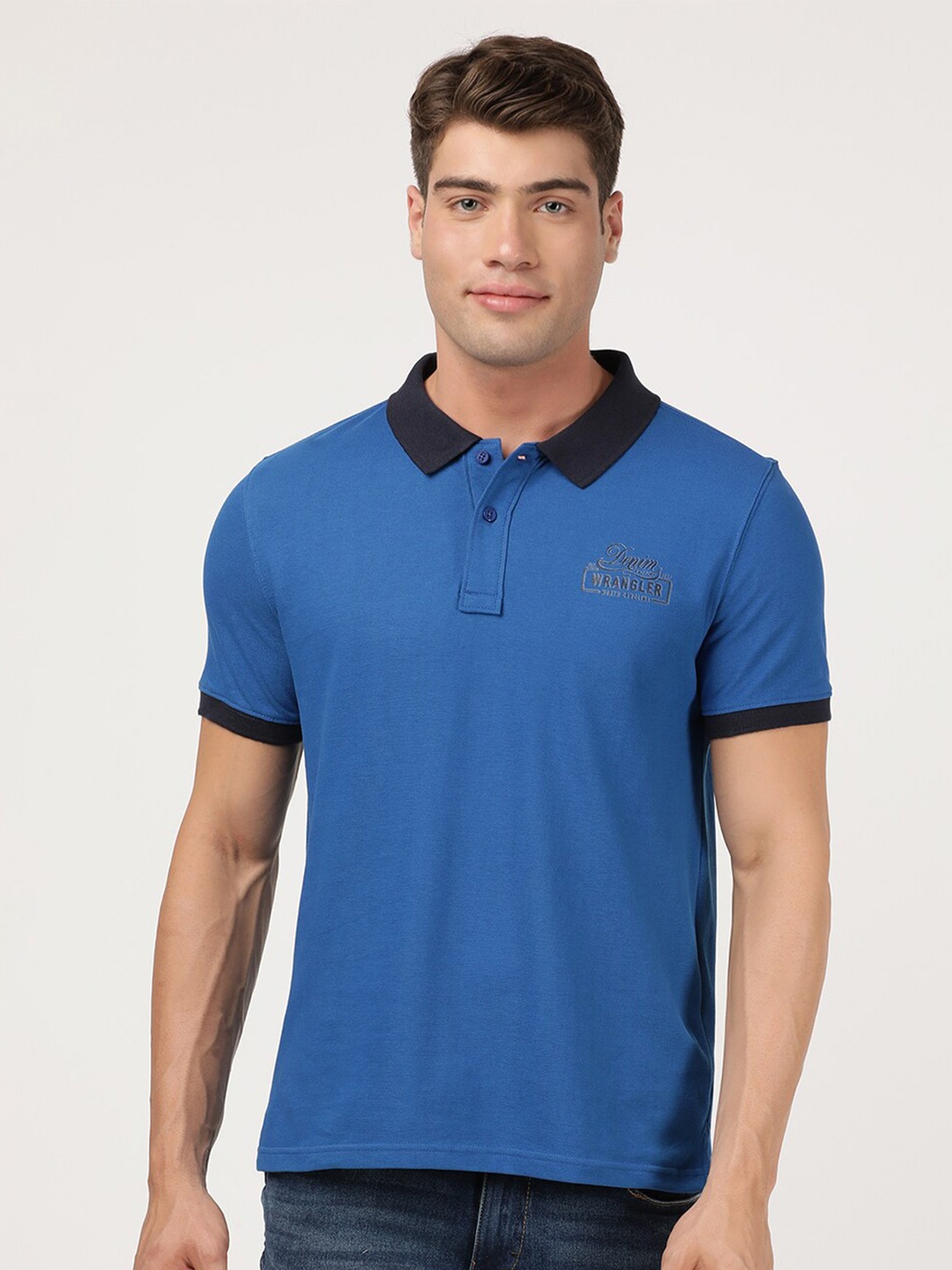 

Wrangler Men Blue & Black Typography Printed Polo Collar T-shirt