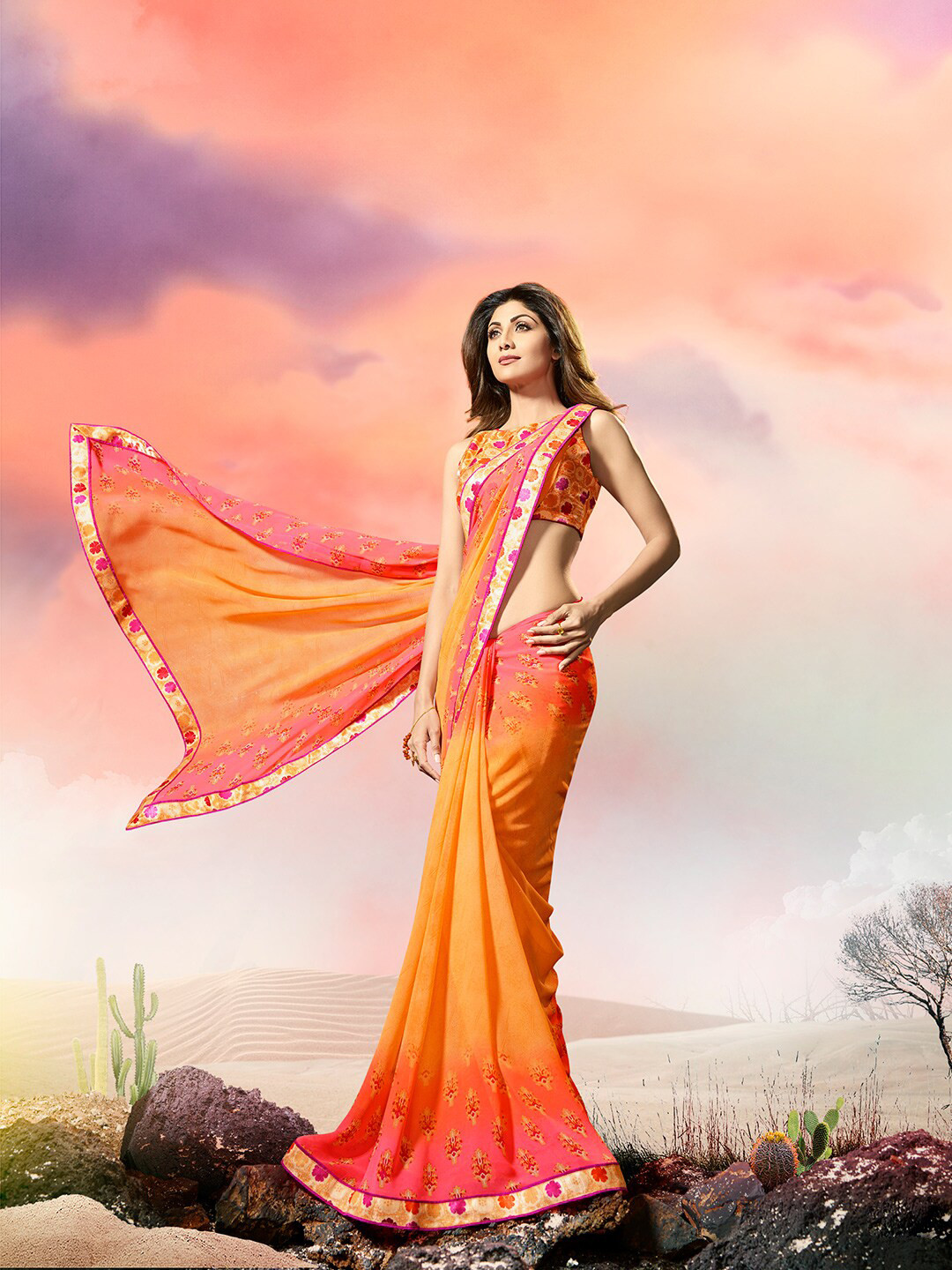 

Shaily Women Orange & Pink Ethnic Motifs Pure Georgette Saree