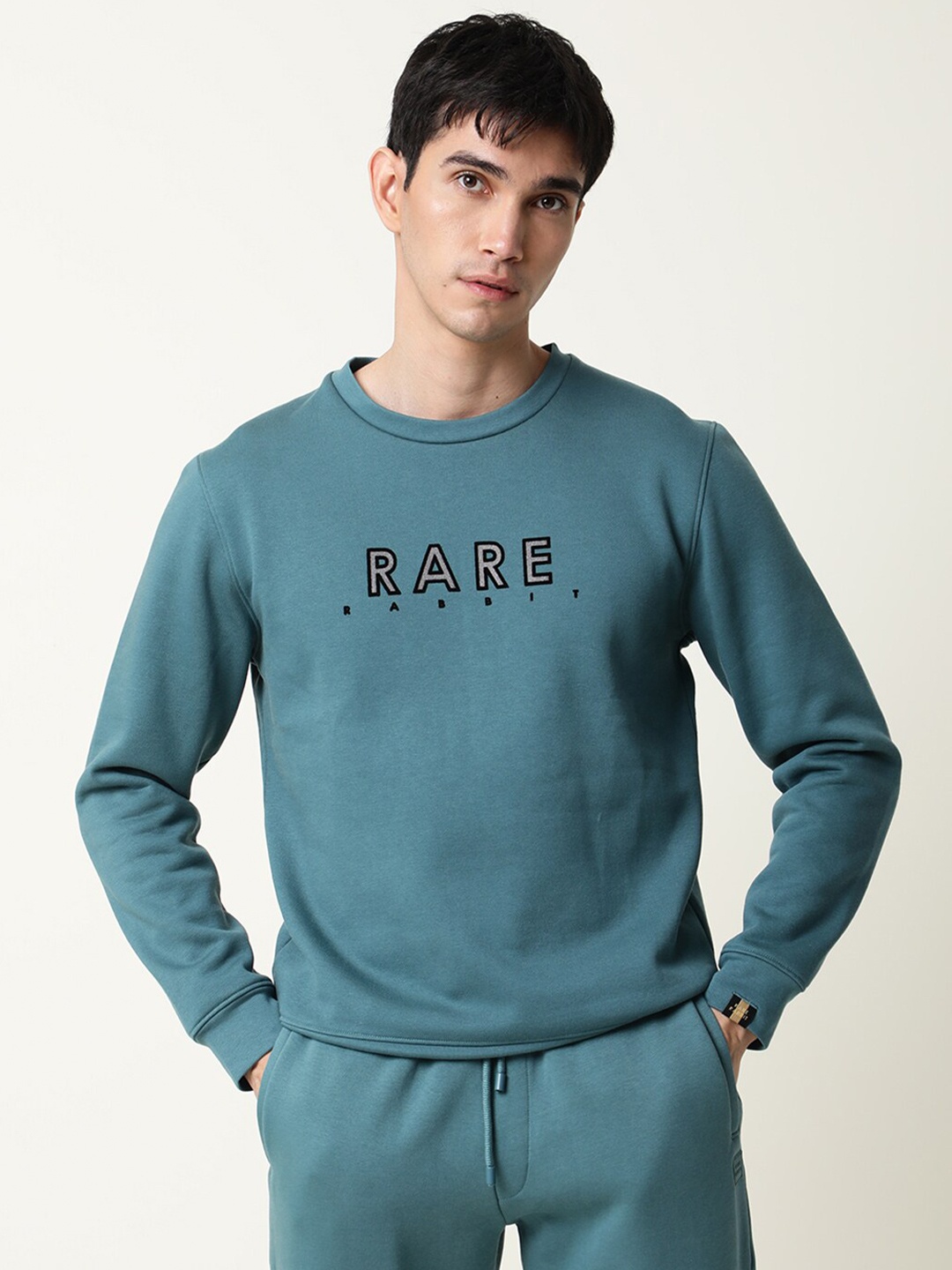 

RARE RABBIT Men Loki Slim Fit Printed Round Neck Sweatshirt, Teal