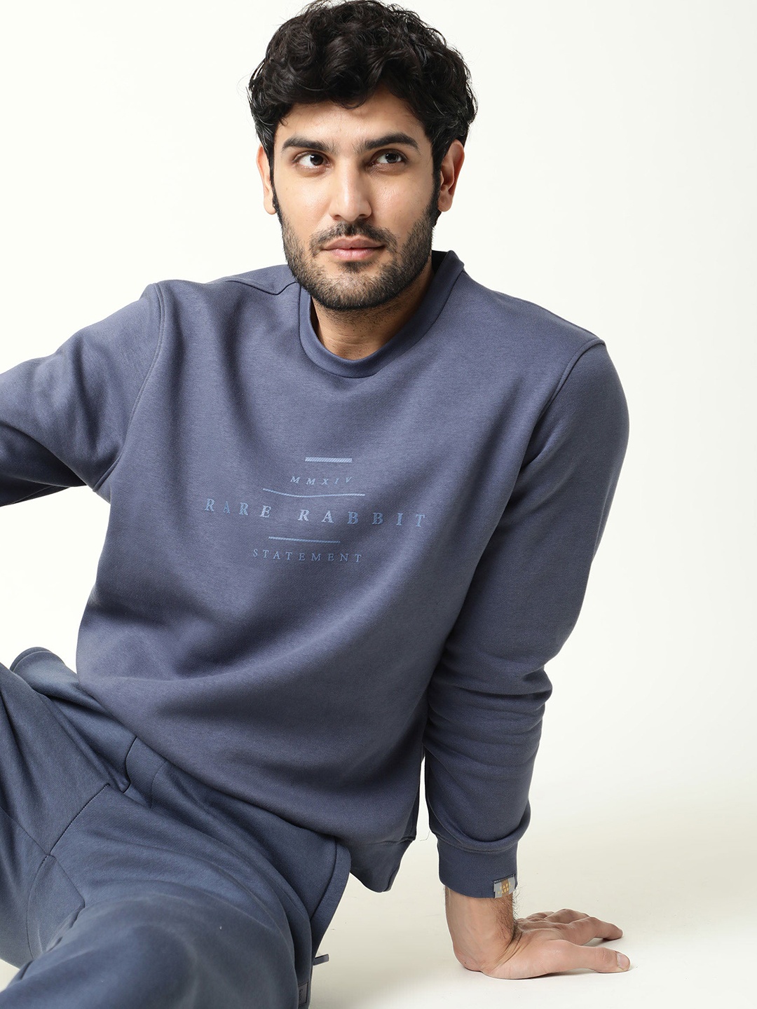 

RARE RABBIT Men Pearlz Slim Fit Printed Round Neck Sweatshirt, Blue