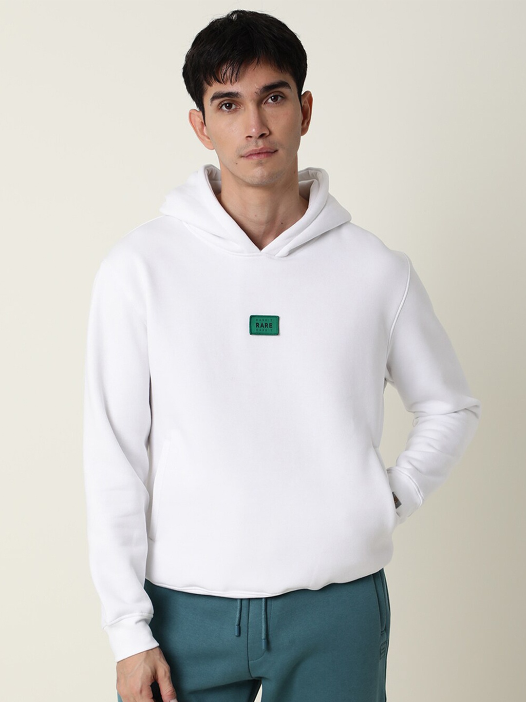 

RARE RABBIT Men Indo Solid Hooded Sweatshirt, White