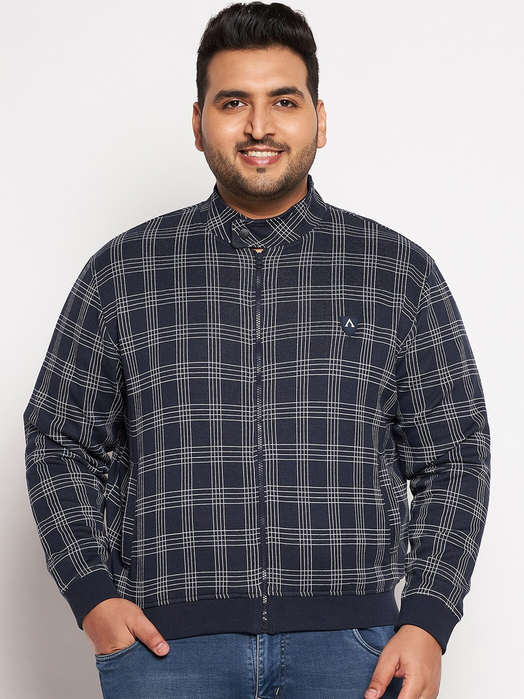 

AUSTIVO Plus Men Navy Blue Geometric Checked Bomber Jacket
