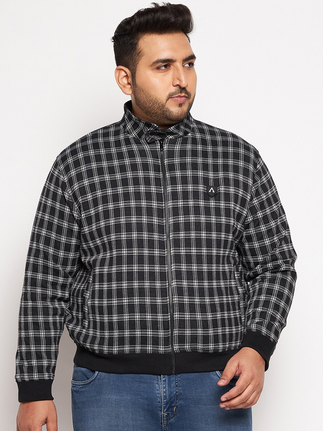 

AUSTIVO Men Plus Size Black & White Checked Cotton Bomber Jacket