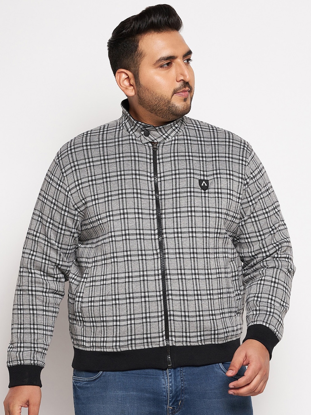 

AUSTIVO Men Grey Black Plus Size Checked Bomber Jacket