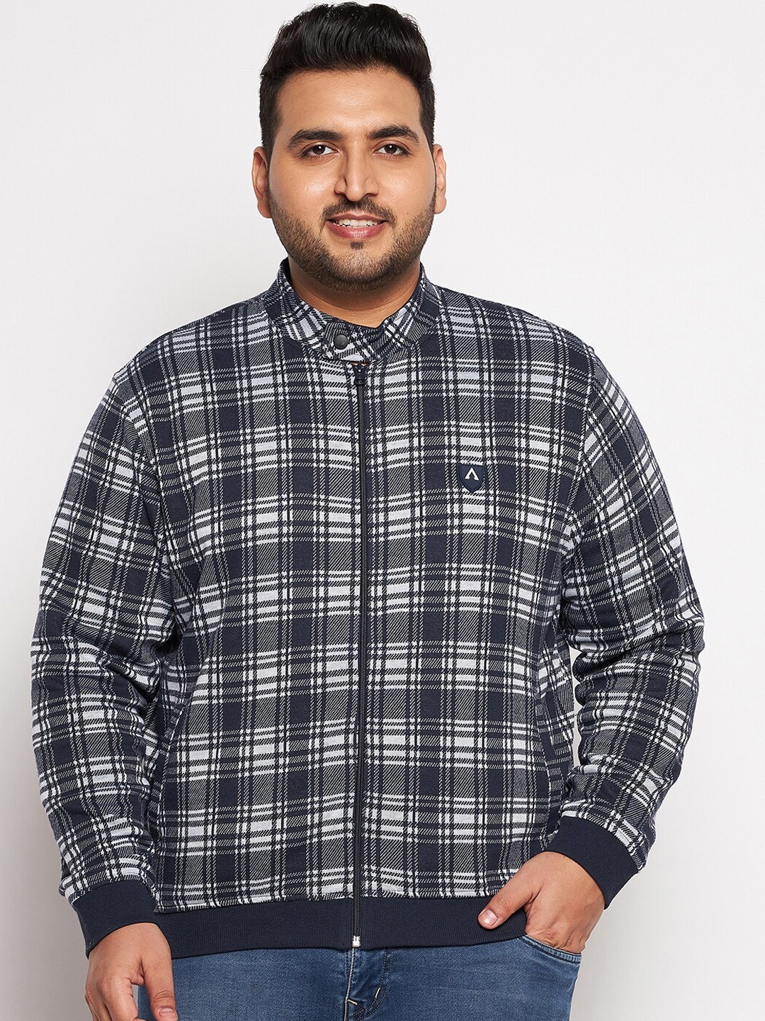 AUSTIVO Plus Size Men Black White Checked Bomber Jacket