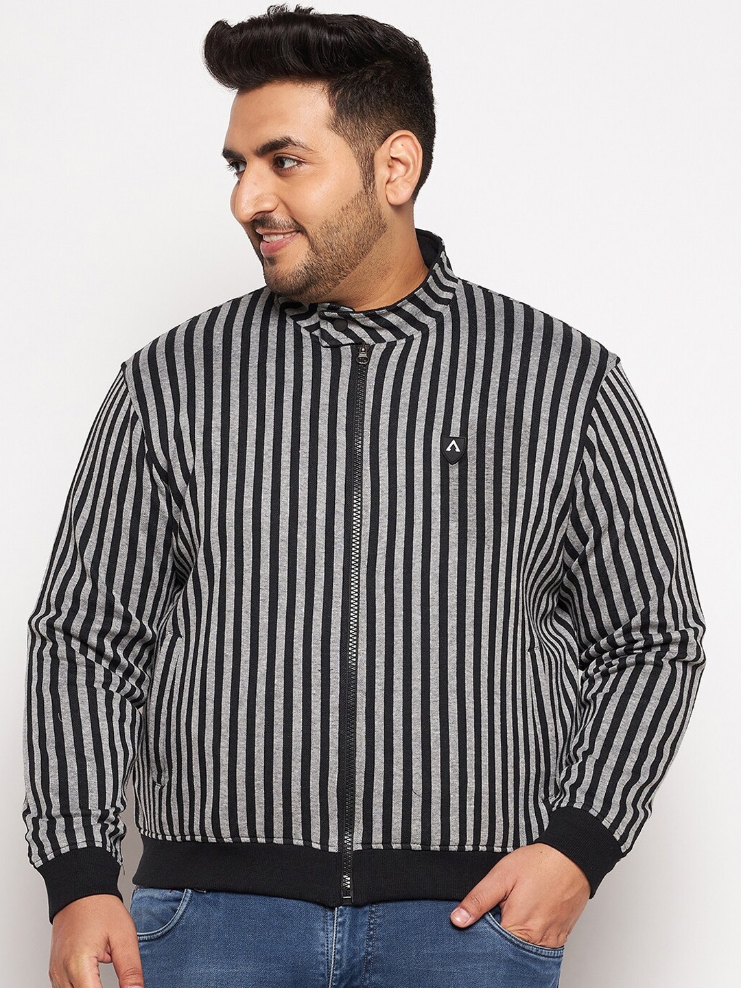 

AUSTIVO Men Black Grey Striped Bomber Jacket