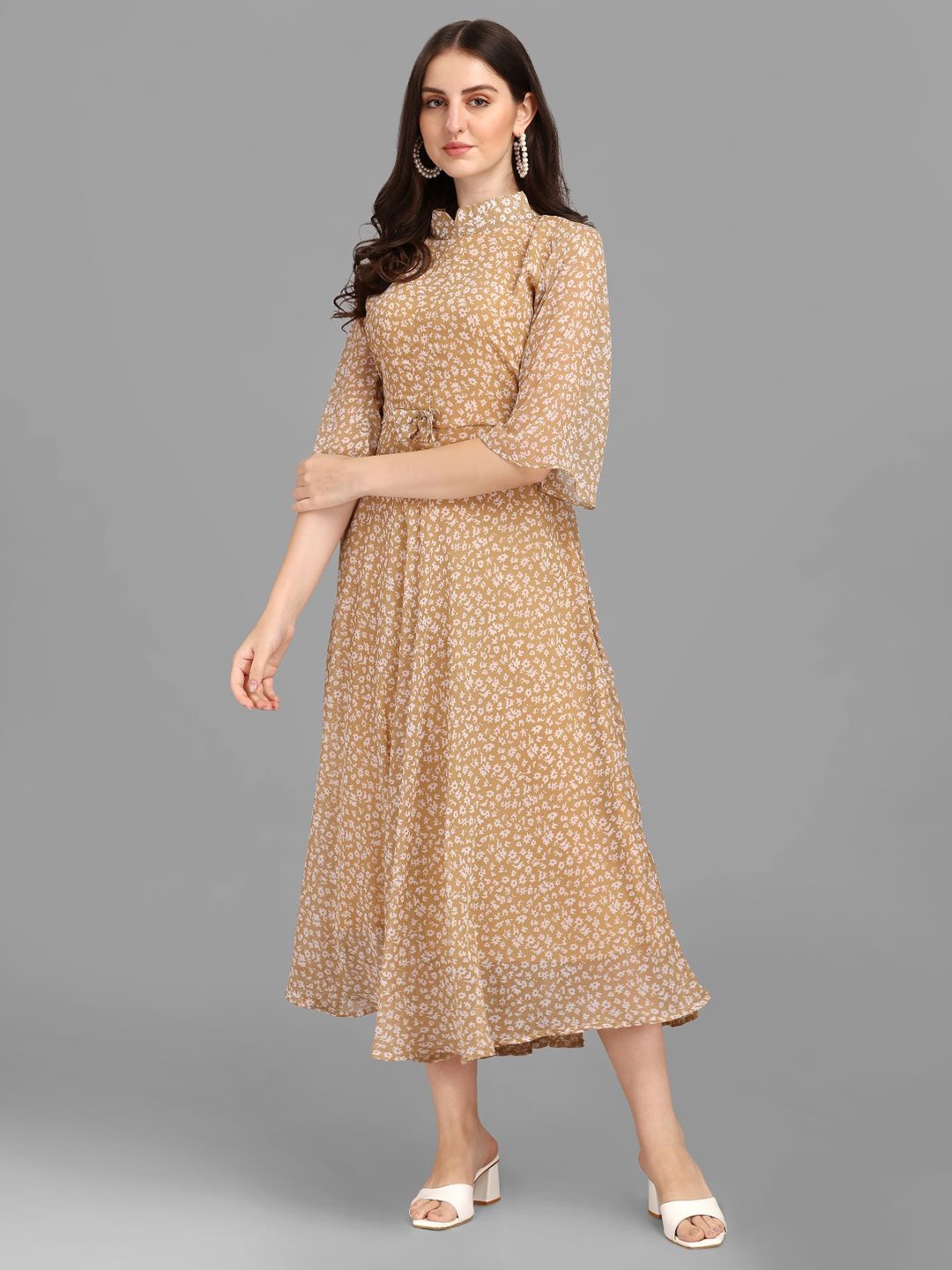 

GUFRINA Camel Brown Floral Georgette Midi Dress