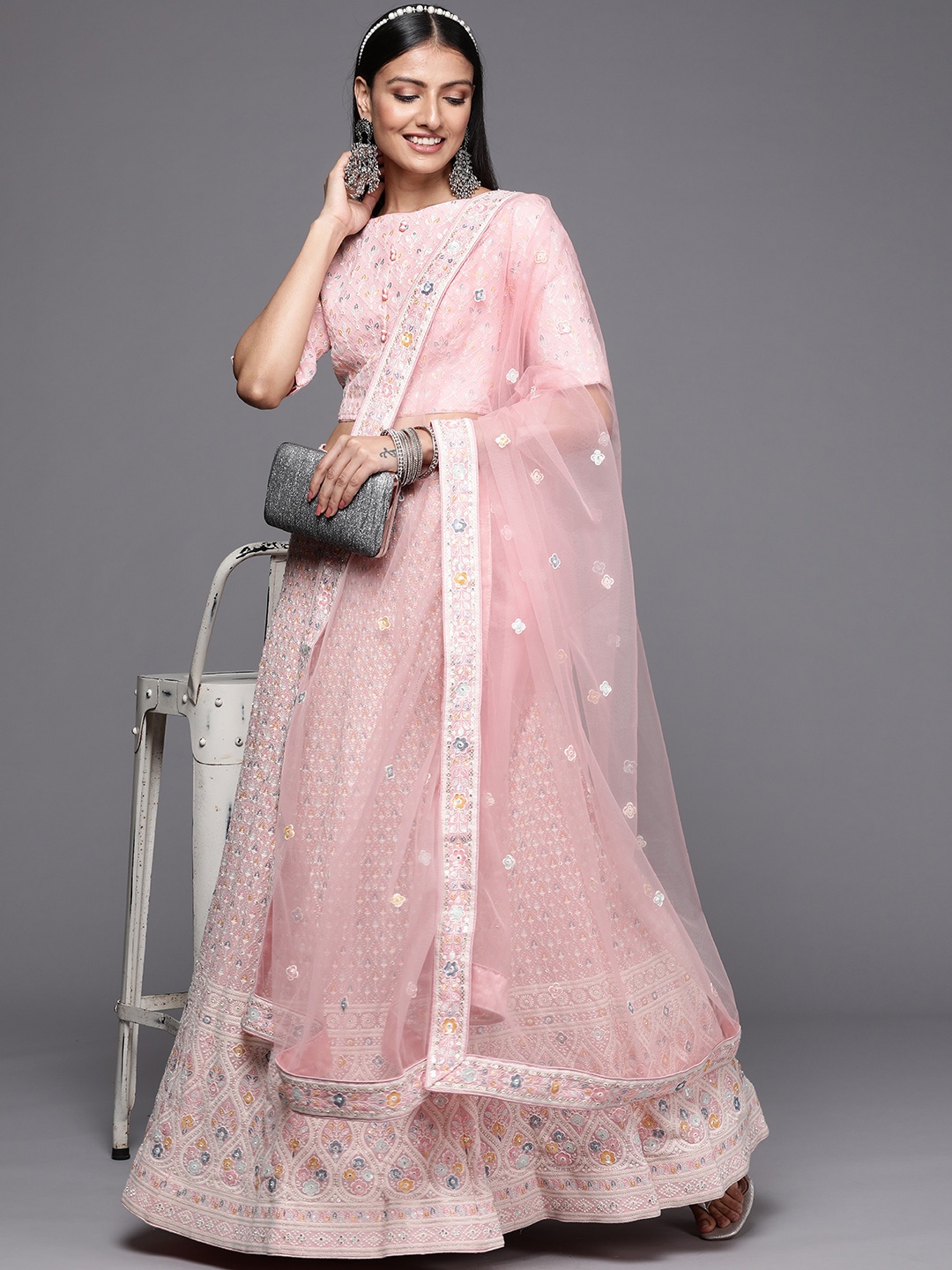 

Inddus Pink Embroidered Sequinned Semi-Stitched Lehenga & Unstitched Blouse With Dupatta