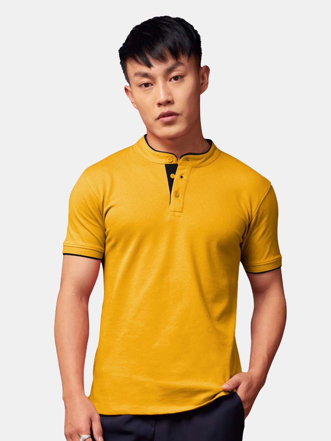 

The Souled Store Men Yellow Mandarin Collar T-shirt
