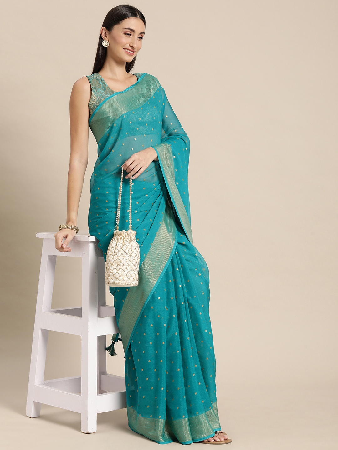 

Mitera Blue & Gold-Toned Floral Zari Pure Chiffon Saree