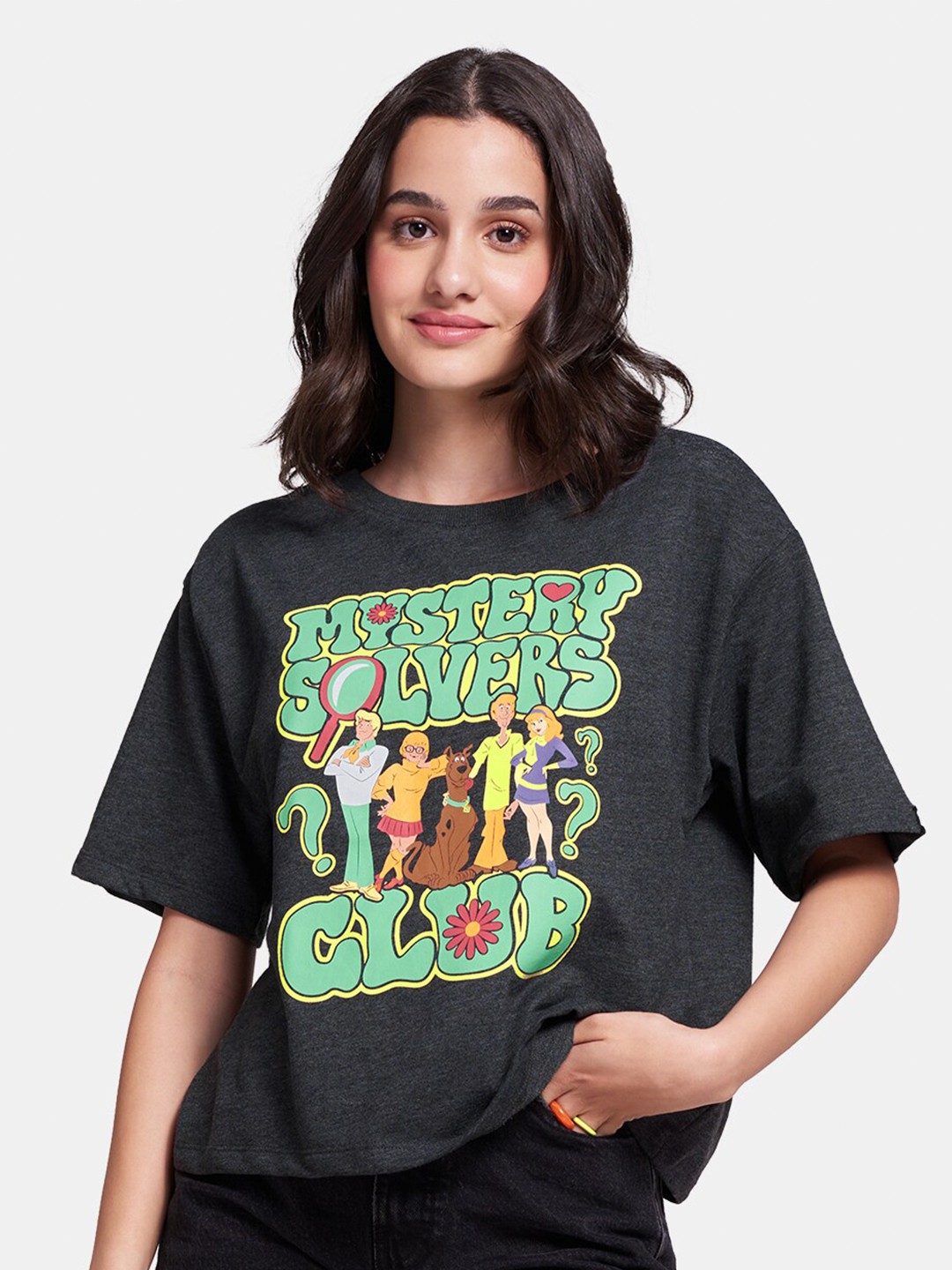 

The Souled Store Women Charcoal Grey Melange Scooby Doo Print Oversized T-Shirt