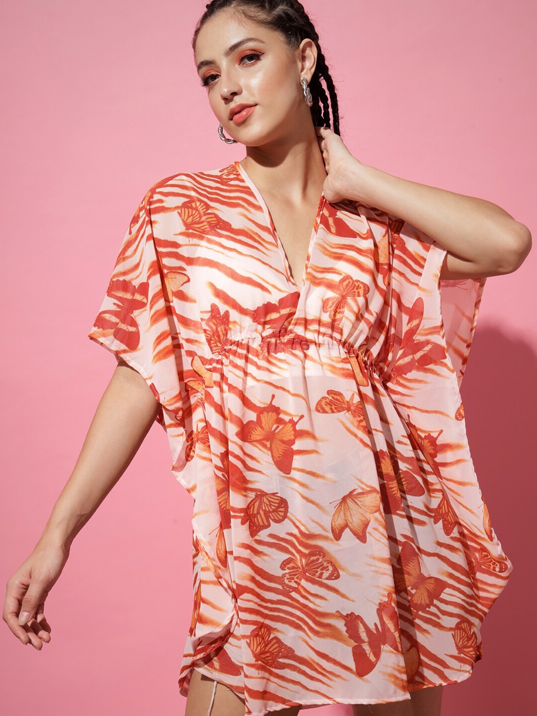 

Darzi Women Pink & White Printed Tie-Up Shrug