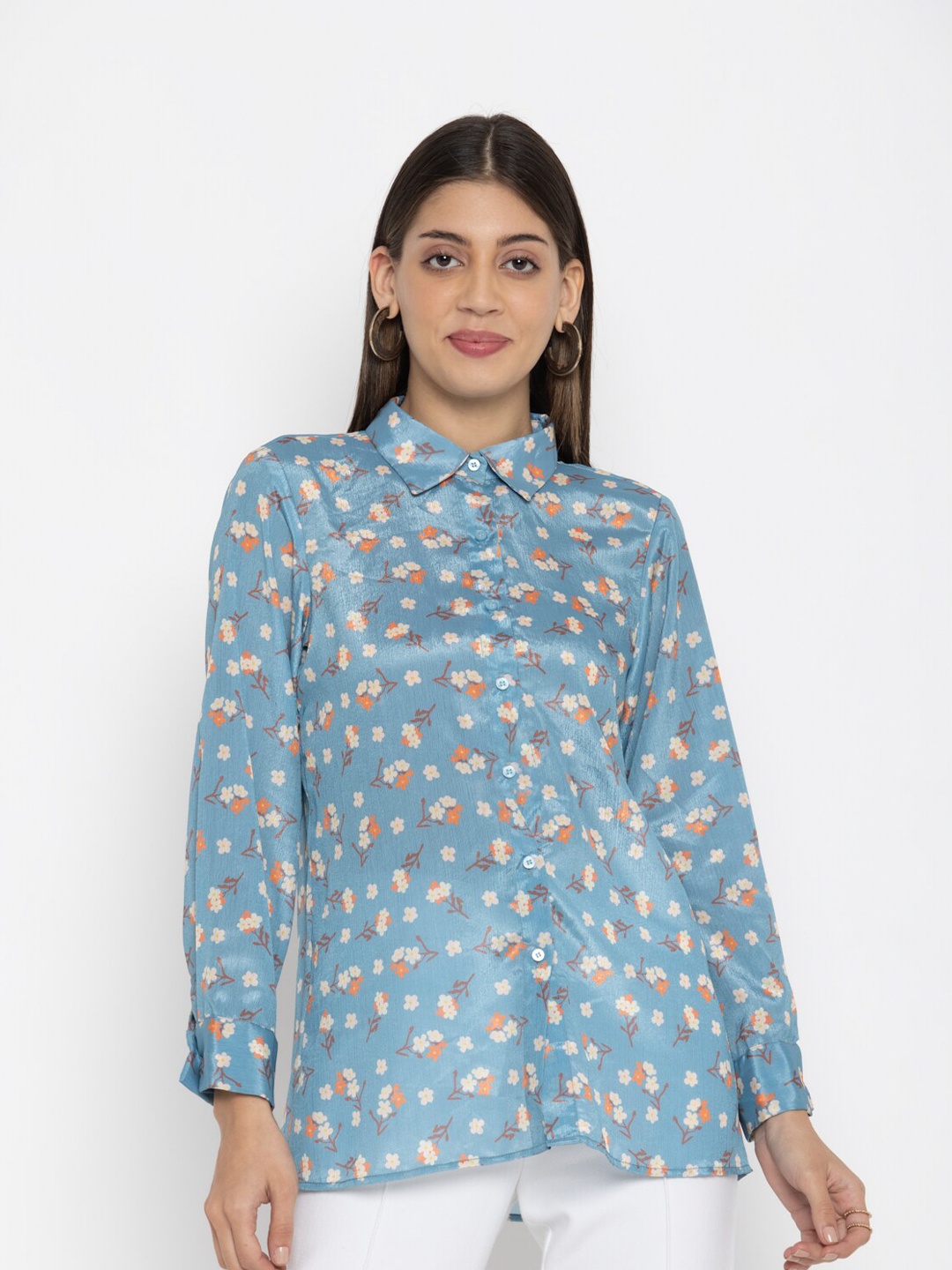 

SEW YOU SOON Blue Floral Print Mandarin Collar Chiffon Top
